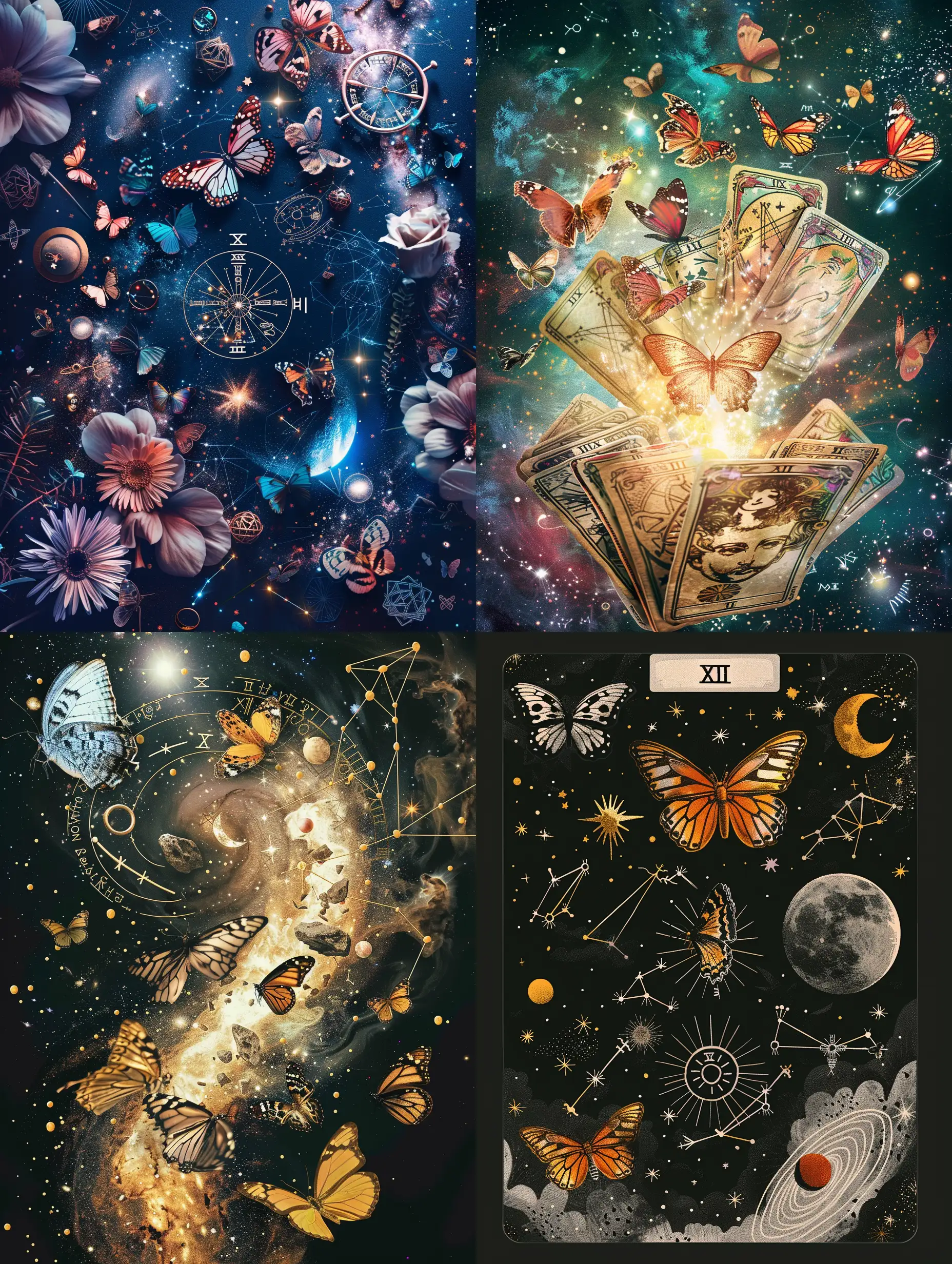 сделай самую лучшую обложку для карт таро, с бабочками космосом и астрологическими знаками в минимализме с реалистичными объектами