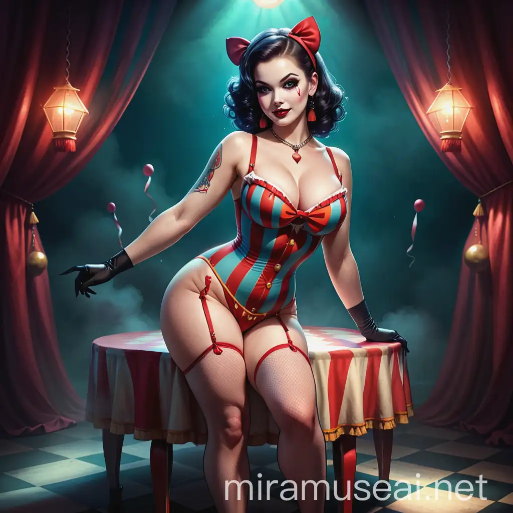 Pinup, dark circus, evil circus, sexy, evil circus background 