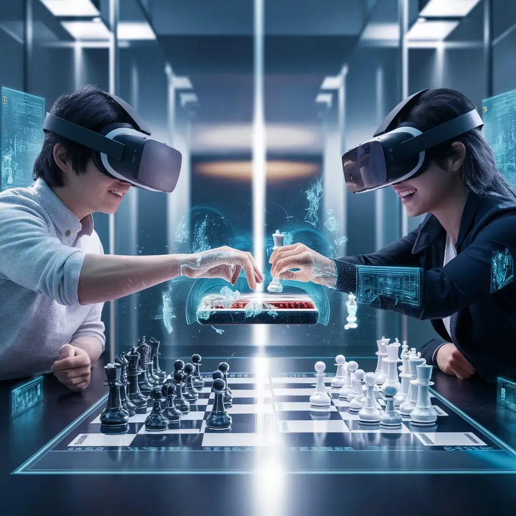 two people using VR devices in virtual space to play Chinese chess