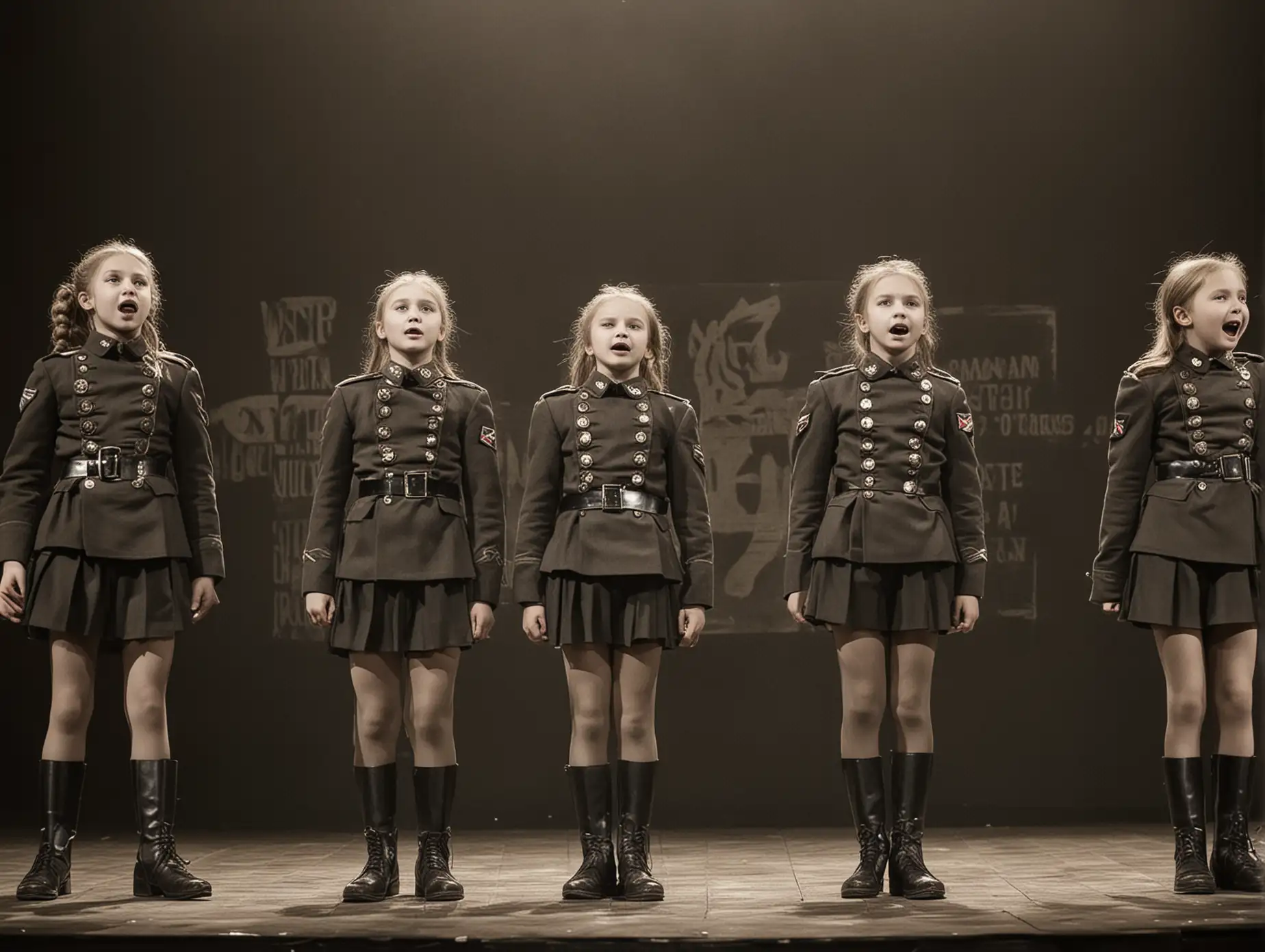 русские девчонки 10 лет на сцене ансамбль "Ночные ведьмы" они одеты в короткую военную форму, колготки, ботинки поют песню