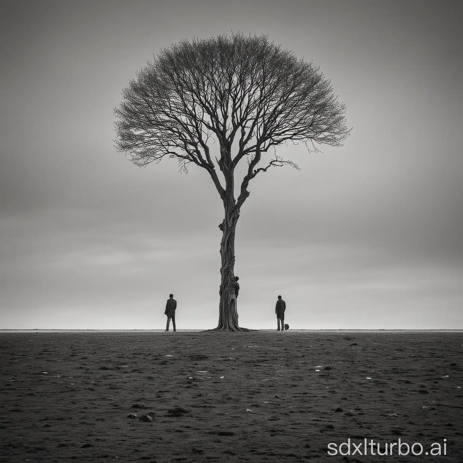A tree with just two man alone in empty place