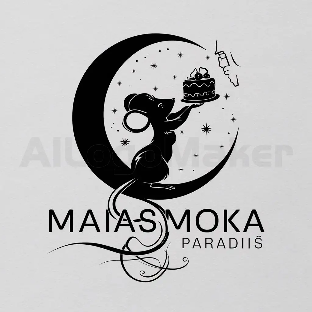 a logo design,with the text "A female mouse with a long tail stands inside a crescent moon, looking slightly up to the sky towards the right. She is holding a cake, trying to hand it to someone. There are a few stars above her. Below, the text 'MAIASMOKA PARADIIS' is written. The mouse's tail is so long that it elegantly extends below the text. The image is in black and white, created as a vector graphic logo with a transparent background.", main symbol:Mouse,Moderate,be used in Restaurant industry,clear background