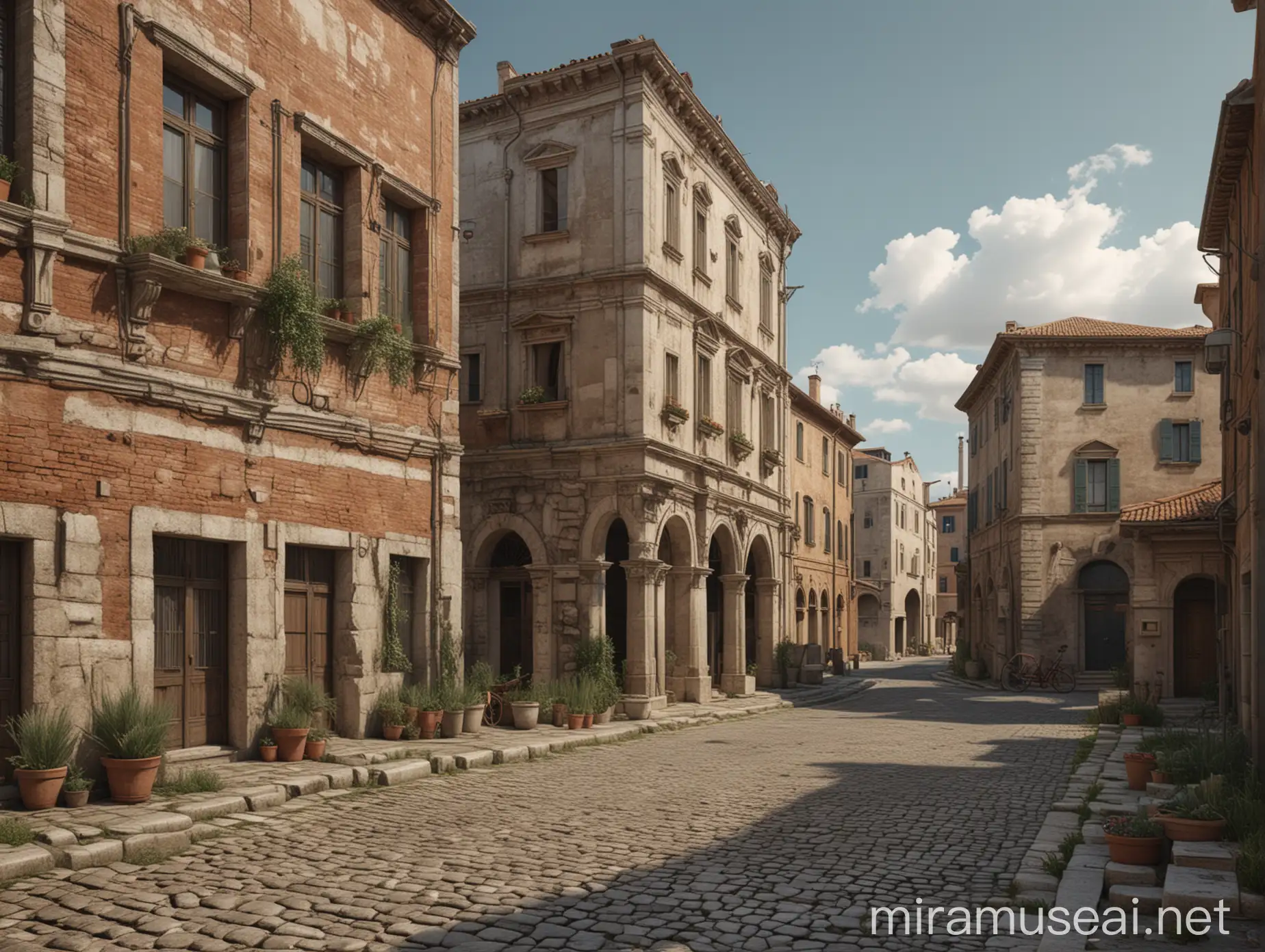 generate an image of a landscape with 4 modern roman-style buildings seen from the front and a little street in front of them