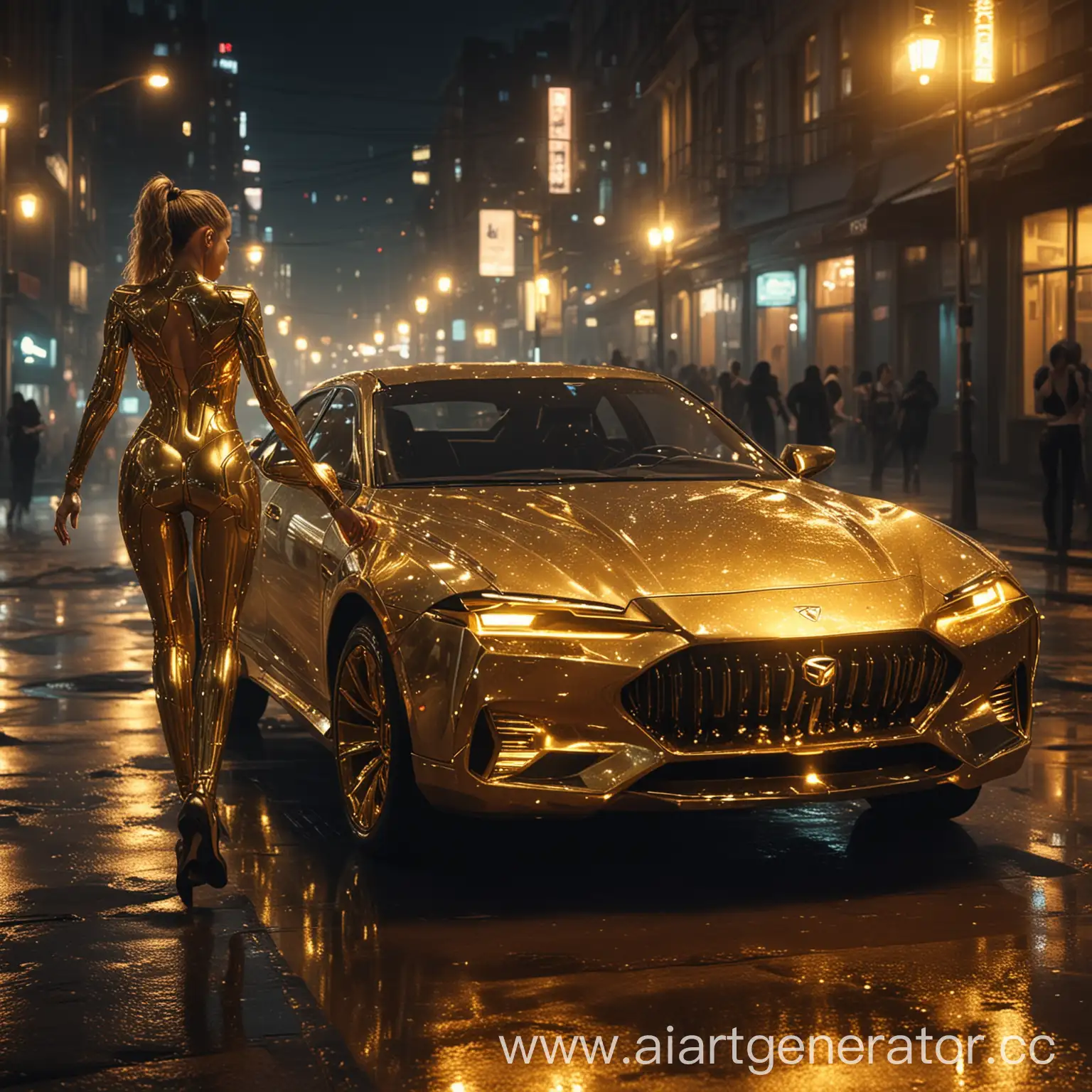 night. city. gold car drives along the road. cyberpunk lights. glow around. two girls dance in gold