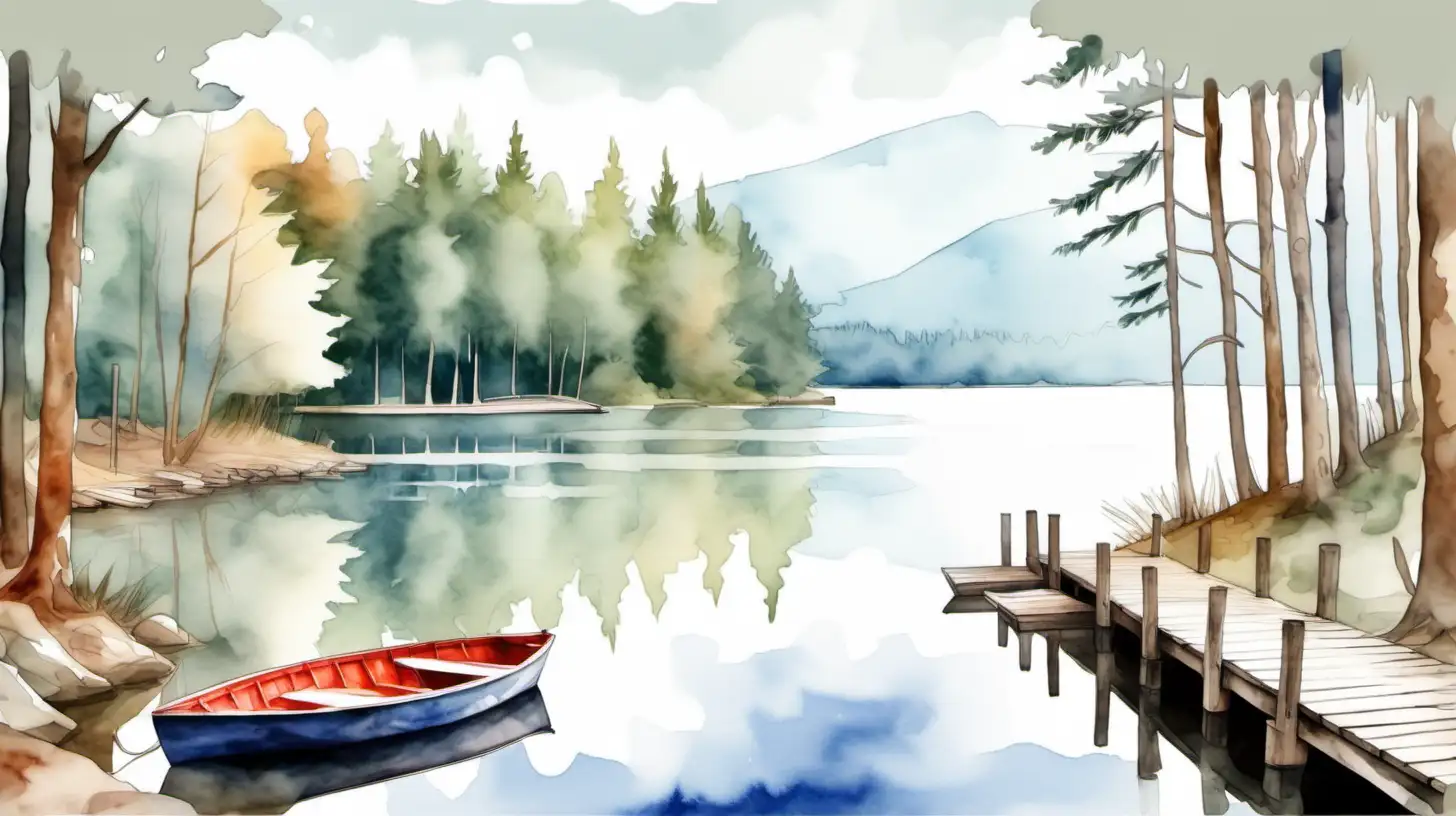generate picture in watercolor style about a lake in the woods with some boat at a peer