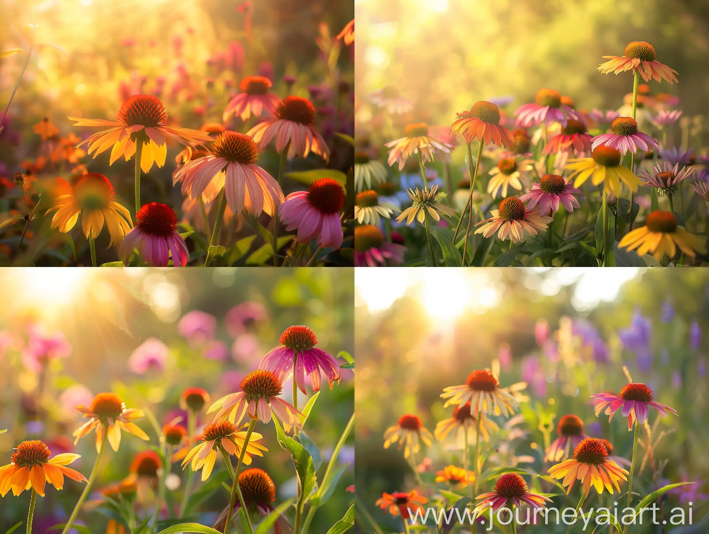 High detailed photo capturing a Echinacea, Warm Summer. The sun, casting a warm, golden glow, bathes the scene in a serene ambiance, illuminating the intricate details of each element. The composition centers on a Echinacea, Warm Summer. A magical palette of coneflowers in lush, warm colors creates a tropical garden spectacle from June through August. Single flowers in juicy shades of orange, yellow, scarlet, rose, purple and cream stand 26-30" tall. On long, strong stems, they create stu. The image evokes a sense of tranquility and natural beauty, inviting viewers to immerse themselves in the splendor of the landscape. --ar 16:9 