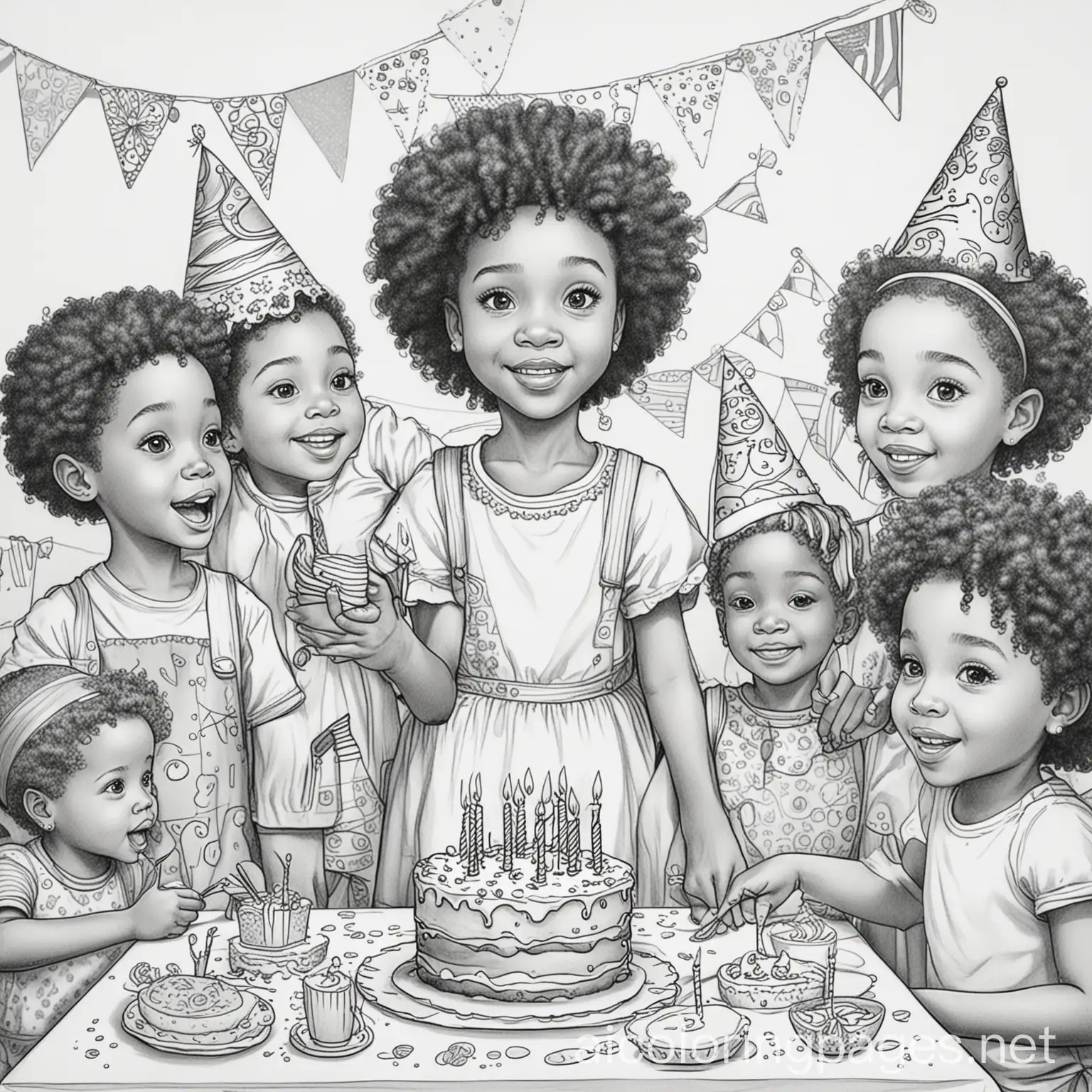 african american children at a birthday party, Coloring Page, black and white, line art, white background, Simplicity, Ample White Space. The background of the coloring page is plain white to make it easy for young children to color within the lines. The outlines of all the subjects are easy to distinguish, making it simple for kids to color without too much difficulty