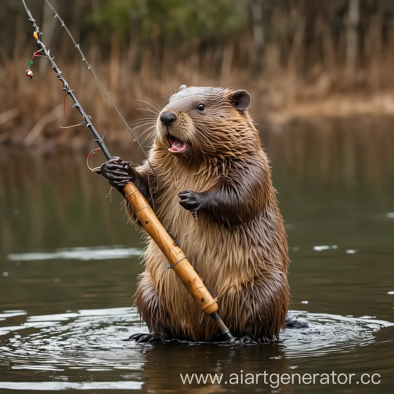 Beaver-Fishing-with-a-Fishing-Pole-in-Natural-Habitat