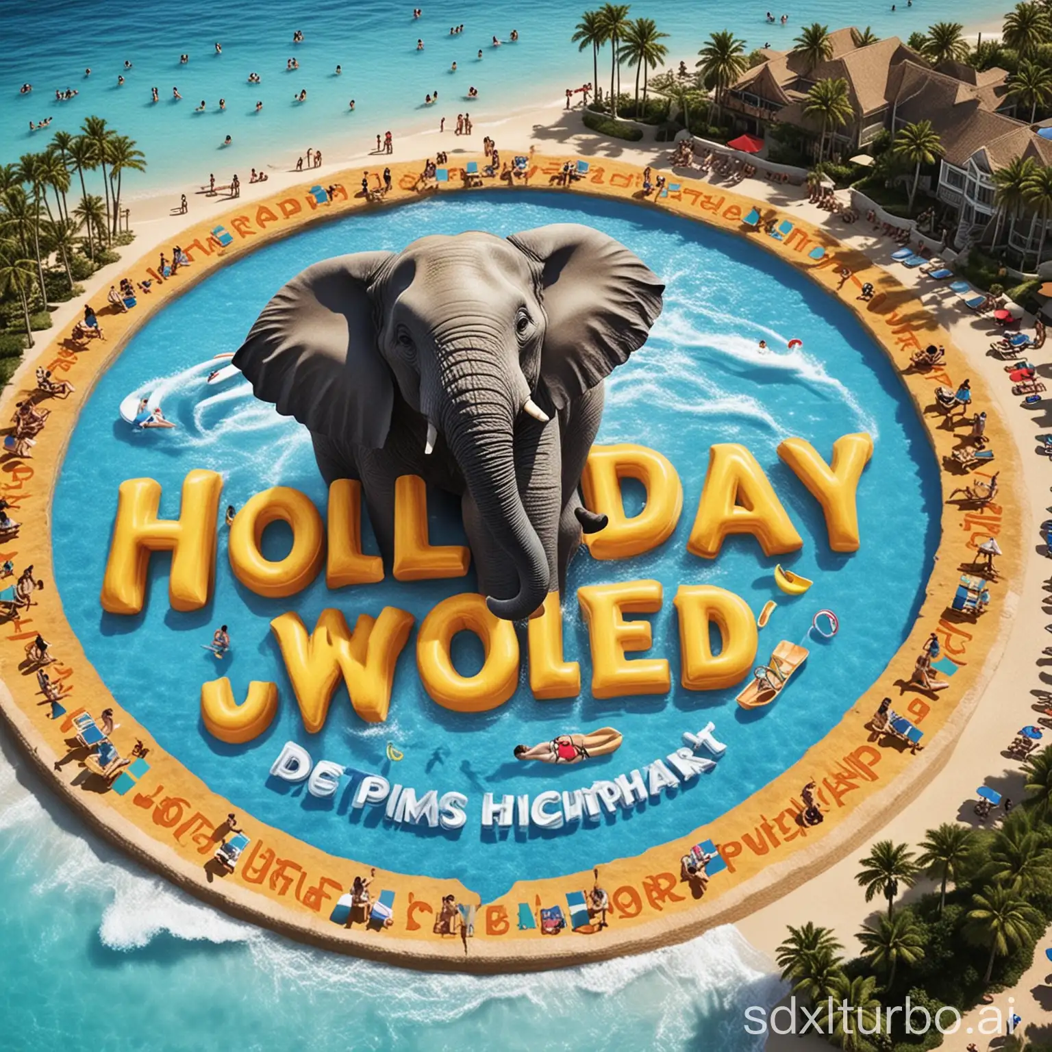 Make a logo for the company Holiday World, which is a complex of hotels and a water park that has an elephant as part of the logo