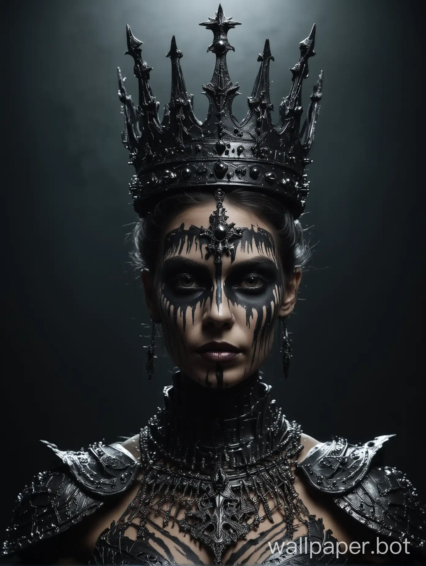 arafed woman with a crown and a face painted with black paint, portrait of a dark goddess, scary queen of death, portrait of a cyborg queen, with an armor and a crown, cinematic goddess shot, with a crown, beautiful elegant demon queen, wearing crown, with a spine crown, queen of the underworld, queen of darkness, queen of death