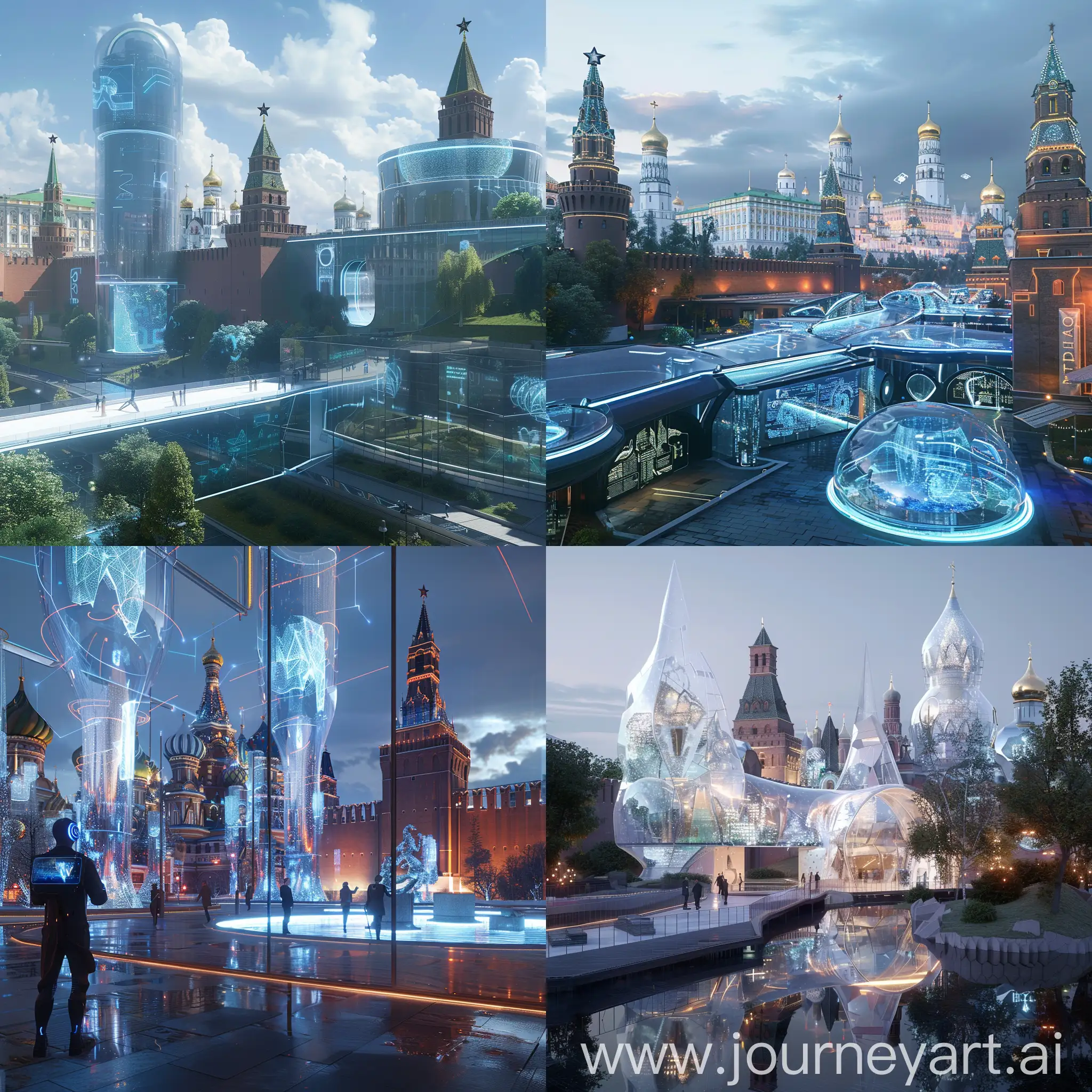 Futuristic Moscow Kremlin, in futuristic style, Smart Glass Surfaces, Holographic Guides, Augmented Reality Enhancements, Biometric Security Systems, Nanotechnology Preservation, Virtual Reality Chambers, Dynamic Lighting Systems, Self-Navigating Tours, Interactive Art Installations, Energy Harvesting Systems, Sustainable Façade Materials, Adaptive Lighting Systems:, Integrated Green Spaces, Interactive Digital Art Installations, Solar Panel Integration, Reflective Surfaces, Augmented Reality Monuments, Kinetic Sculptures, Aquatic Features, Integrated Transportation Hub, unreal engine 5