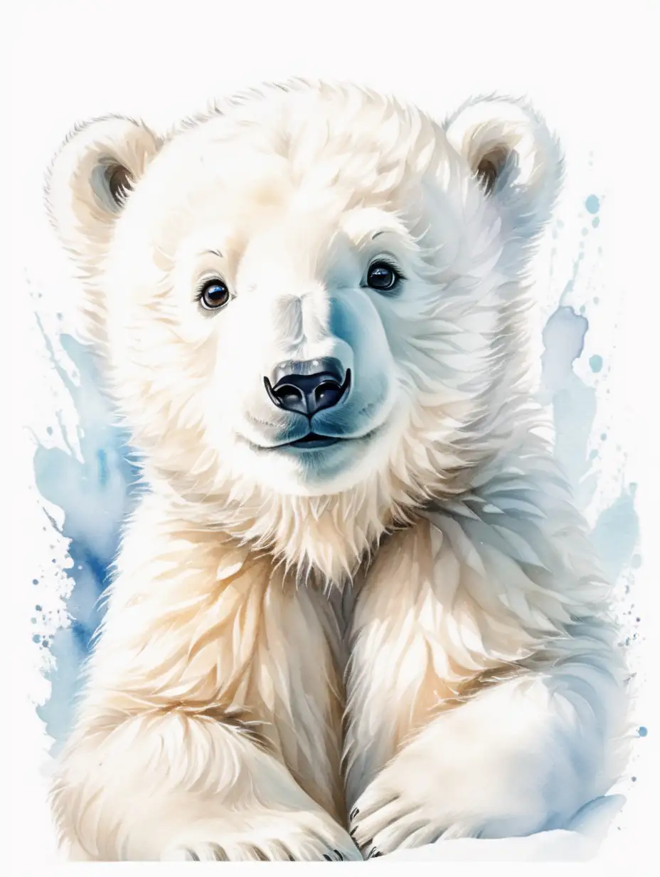 Charming Smiling Polar Bear Cub in Watercolor Style on White Background