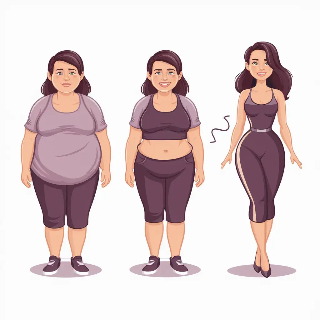Три картинки, которые иллюстрируют этапы похудения девушки. На первой картинке она полная, на второй картинке немного похудела и третьей картинке она худая
