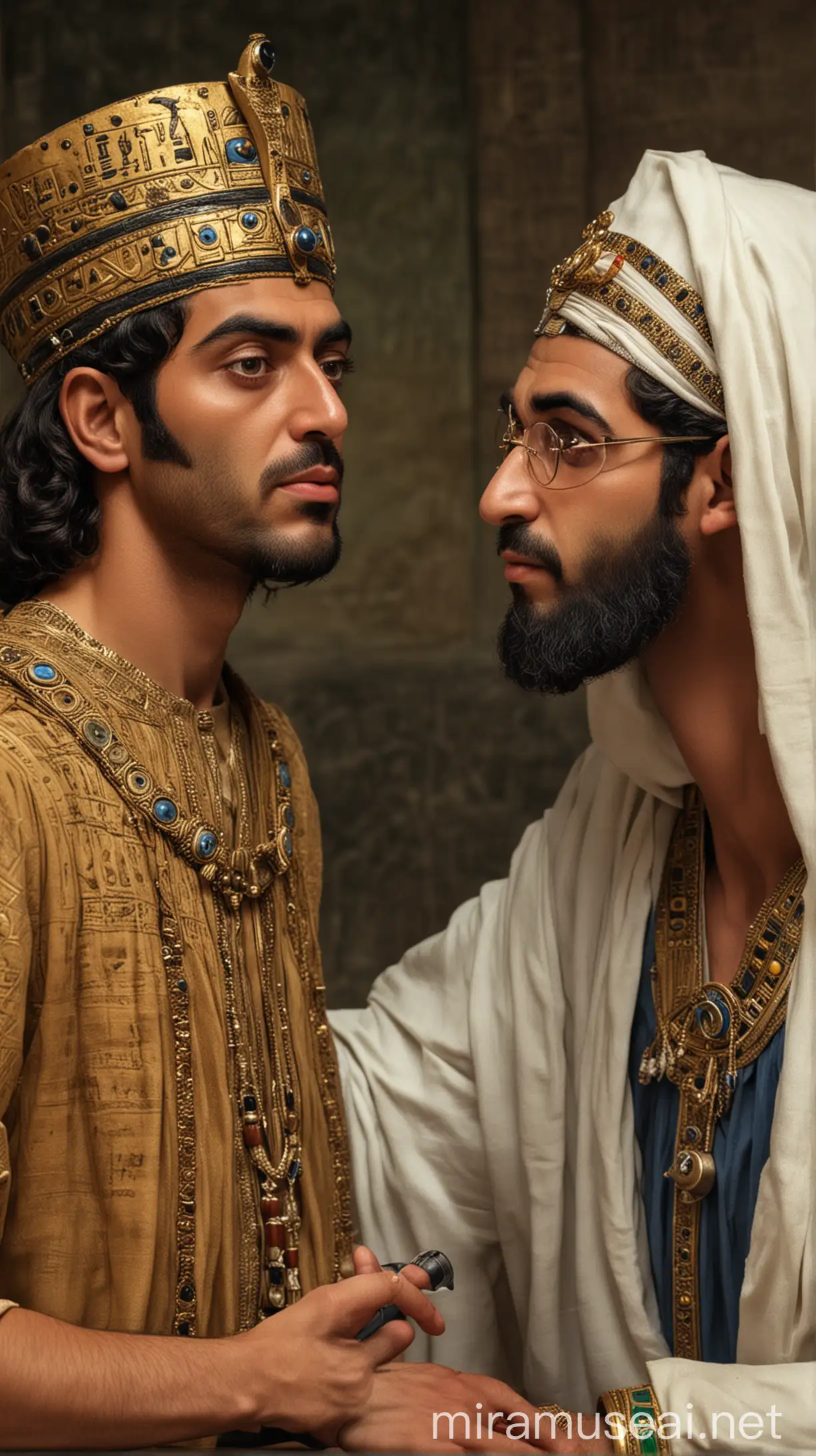 "A Persian king requesting an eye doctor from the Egyptian pharaoh." hyper realistic