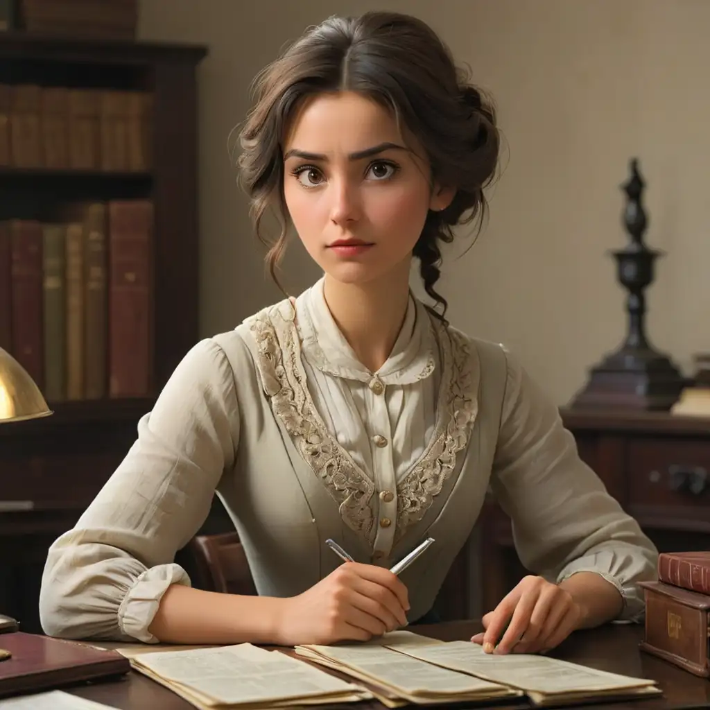 A woman from an early 20th century revolutionary organization, in 19th century dress gazes at passports on a desk. She is about 25 years old, thin, with straight hair, a little disheveled, tucked into a hairstyle. She has an elongated face, a long pointed nose, plump lips, and high-set dark eyes. WE see her full-length, with arms and legs. In the style of 3d animation, realism.