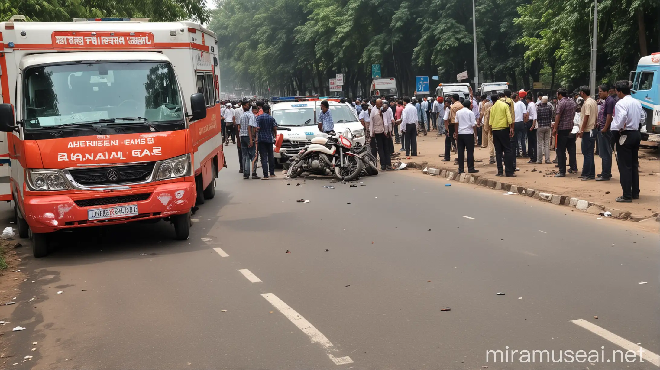 bike accident on indian road, one ambulance standing near by, some people gather