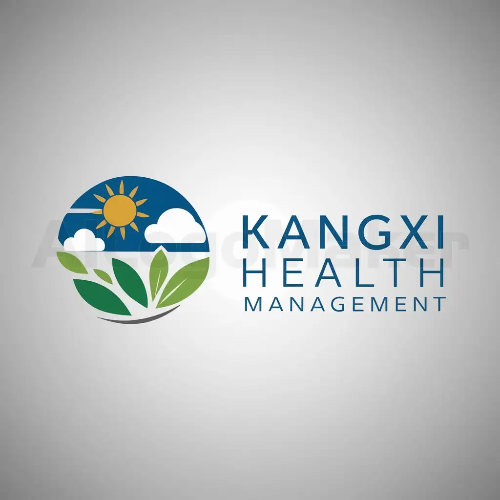 a logo design,with the text "Kangxi Health Management", main symbol:blue sky white clouds green leaves sun,Minimalistic,be used in Others industry,clear background