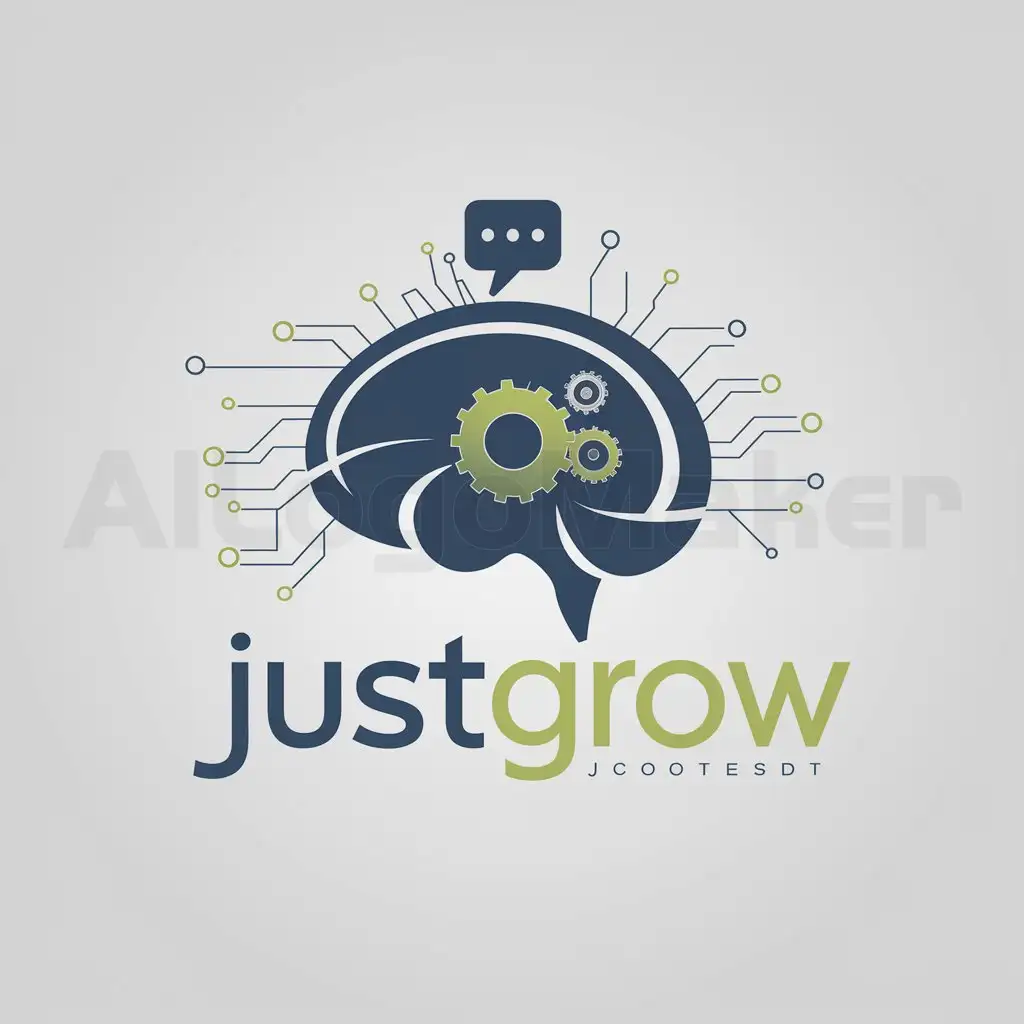 a logo design,with the text "JustGrow", main symbol:Imagine a logo where, in the center, we have a stylized brain with smooth, modern lines. Inside the brain, there are elegantly placed gears, some visible and others suggested by the brain's curves. On the right, a small speech bubble floats, connected to the brain by thin lines that resemble electronic circuits. The main colors are a deep blue for the brain and gears, with vibrant green accents and white accents for clarity. Below or next to the symbol, 'JustGrow' is written in a modern sans-serif font, in blue or green, keeping in harmony with the symbol.,Minimalistic,be used in Technology industry,clear background