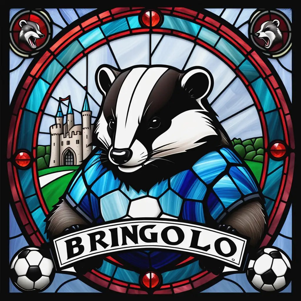 Aggressive Badger Soccer Team Logo in Stained Glass with Castle Background