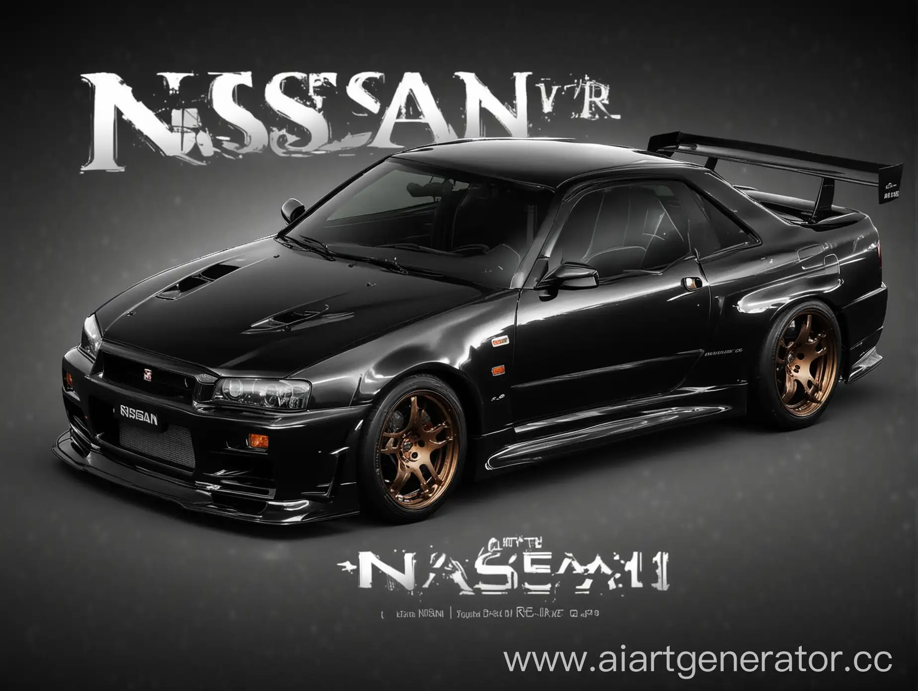 Машина Nissan Skyline R34 фото из интернета, красивый вид спереди и сзади, на чёрном фоне, картинка должна выглядеть как обложка журнала, хорошее качество и реалистичночность
Сверху надпись Nissan Skyline R34
Картинка должна быть похожа на загруженное фото, но машина должна быть Nissan Skyline R34