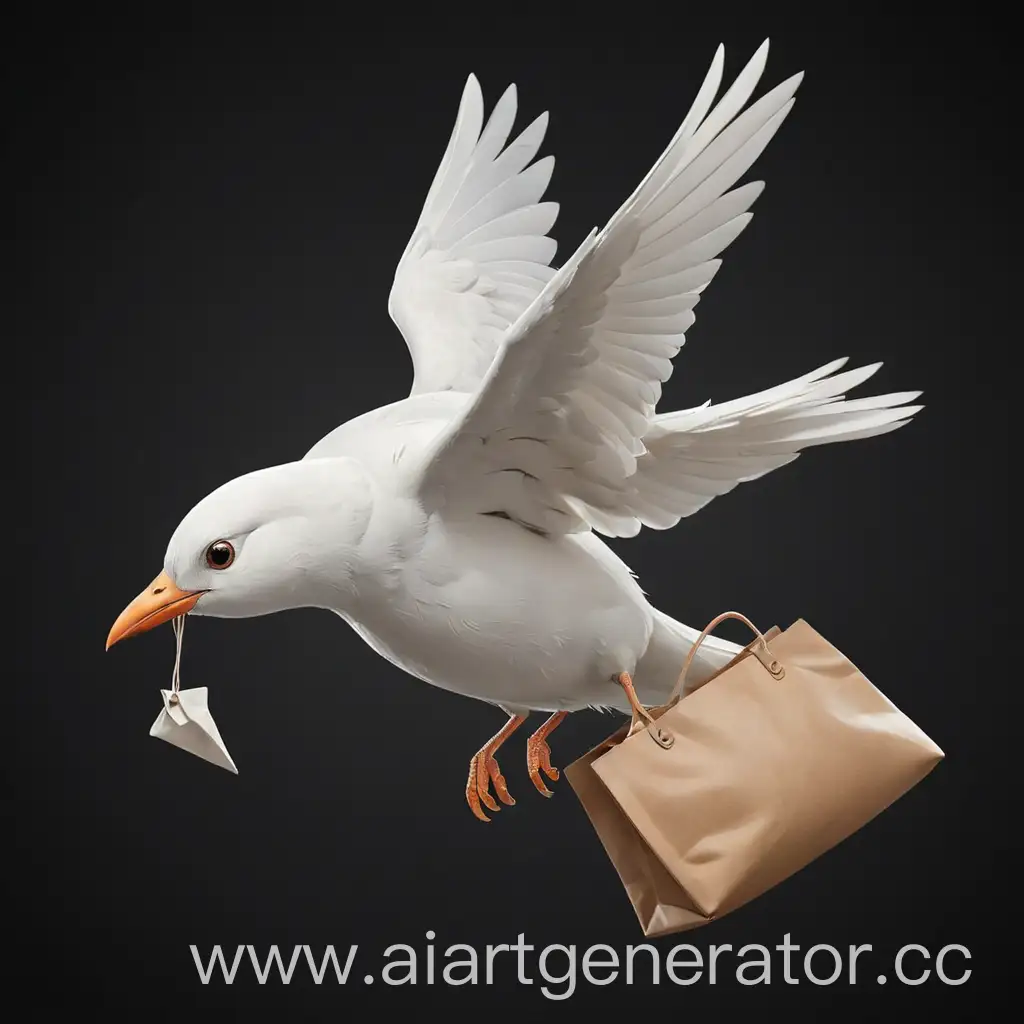 Cartoon-White-Bird-Flying-with-Bag-on-Black-Background