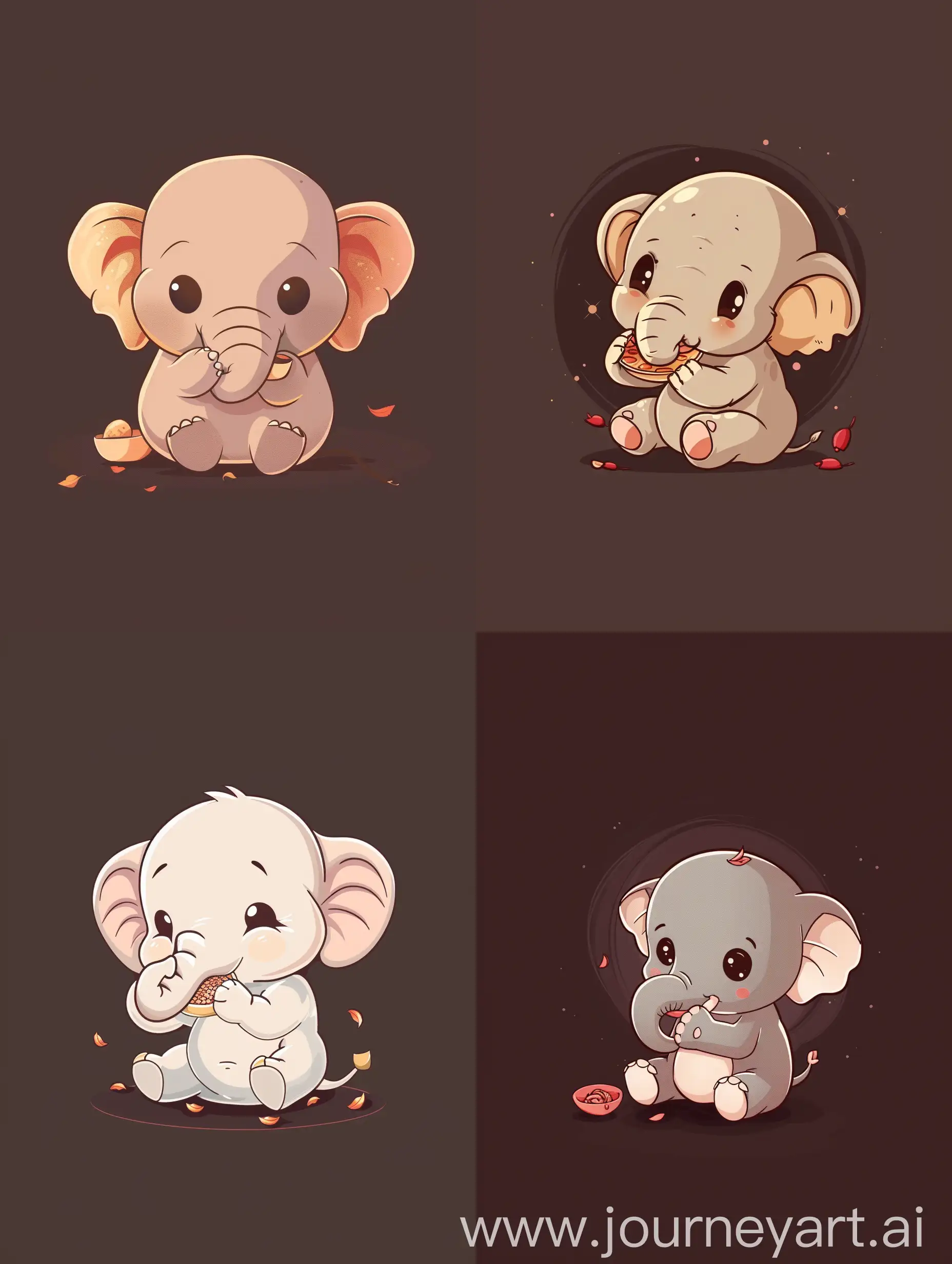 thin line style chibi cute elepant eating, with solid dark brown background, small object and center concentrated image, far view point