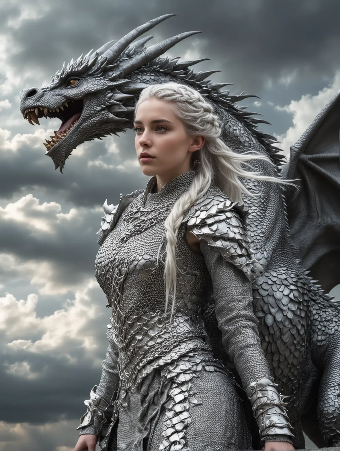Fantasy Woman Riding Silver Dragon in Medieval Sky