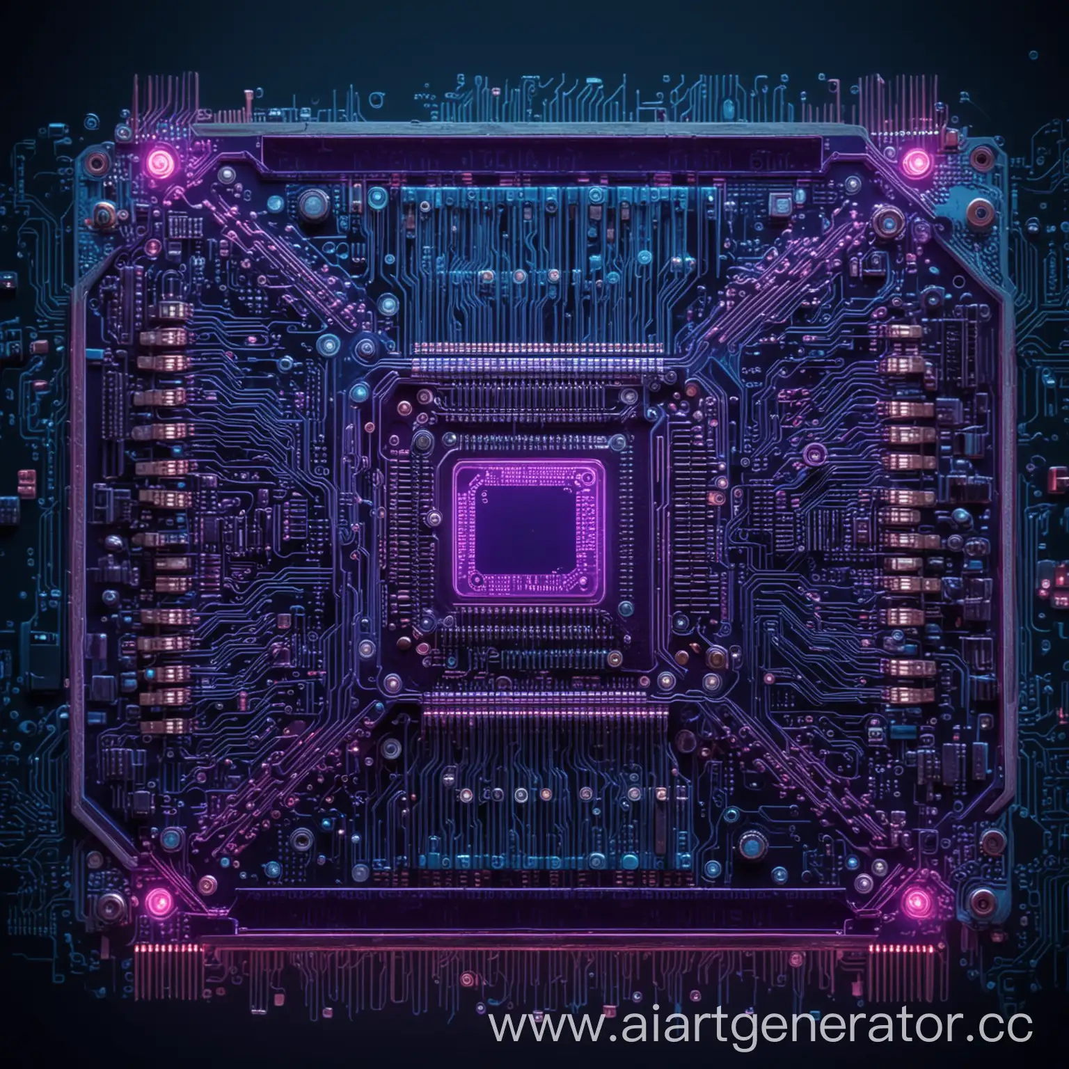 Плата с пульсирующими микросхемами с ядром по центру c темно-синими и фиолетовыми оттенками в неоновом стиле