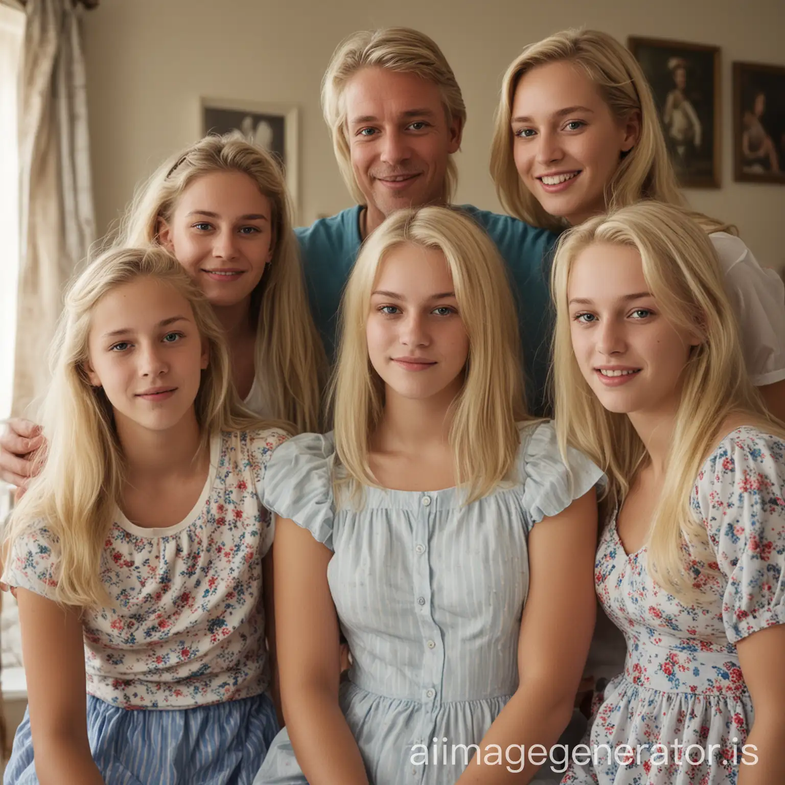 famille avec un homme, une femme et cinq filles adolescentes blondes

