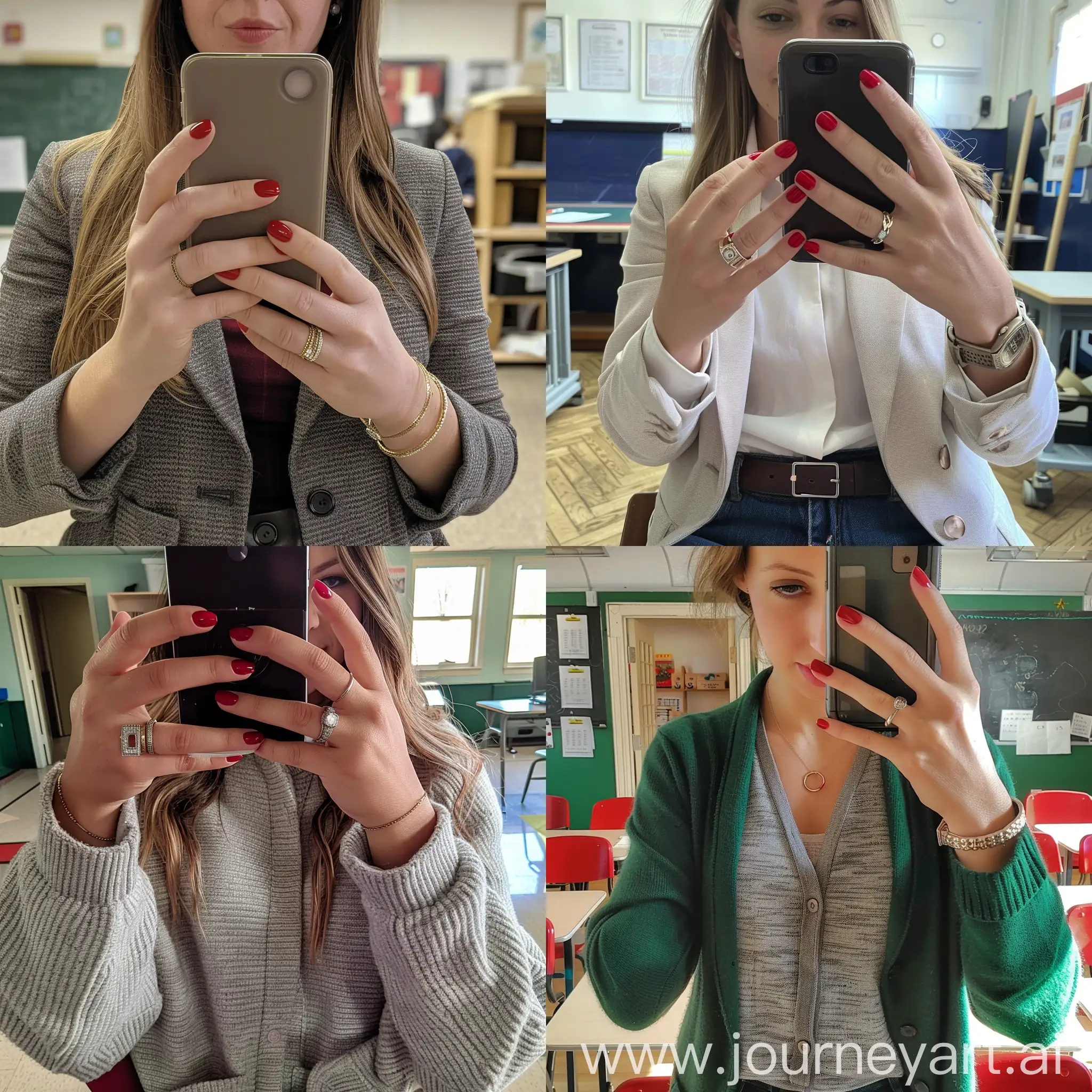 A female school teacher taking a selfie in her classroom, ordinary woman, ordinary clothing, red gel nail polish, taking a close up selfie, wedding ring, young, mid 20's