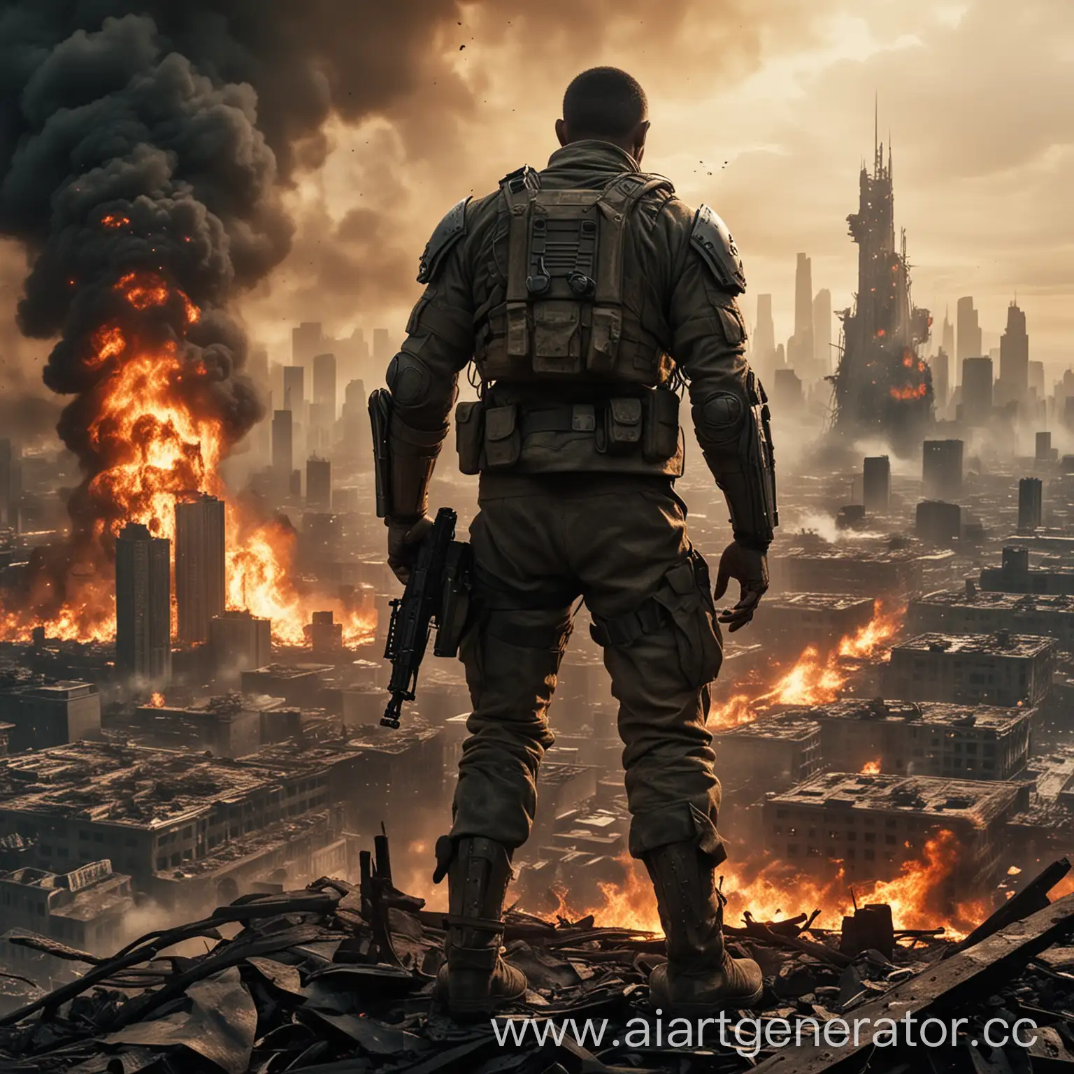 Хочу видеть мужчину солдата потрёпанного войной но мужественным на фоне горящего города будущего