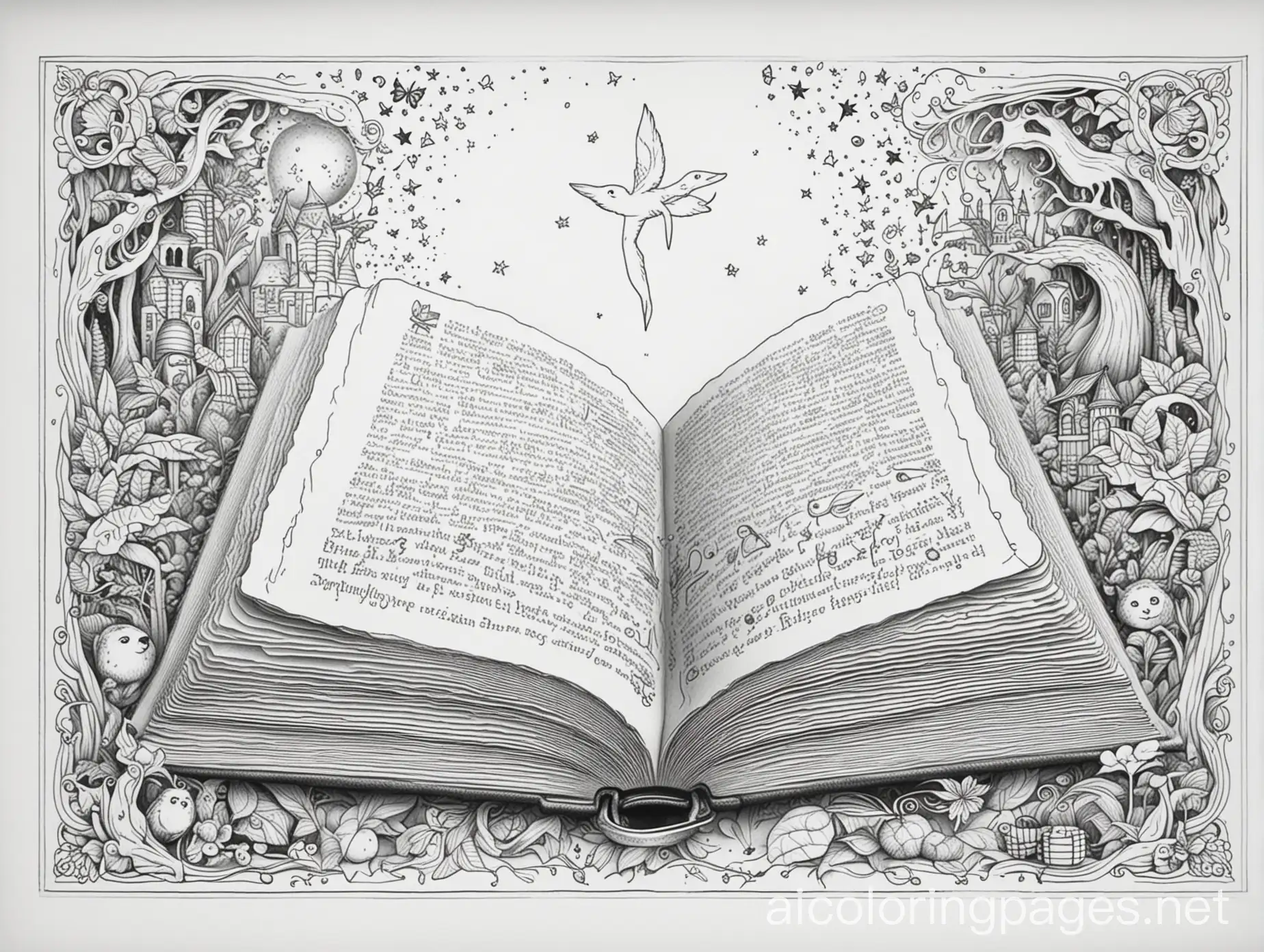 Mystical books, Coloring Page, black and white, line art, white background, Simplicity, Ample White Space. The background of the coloring page is plain white to make it easy for young children to color within the lines. The outlines of all the subjects are easy to distinguish, making it simple for kids to color without too much difficulty