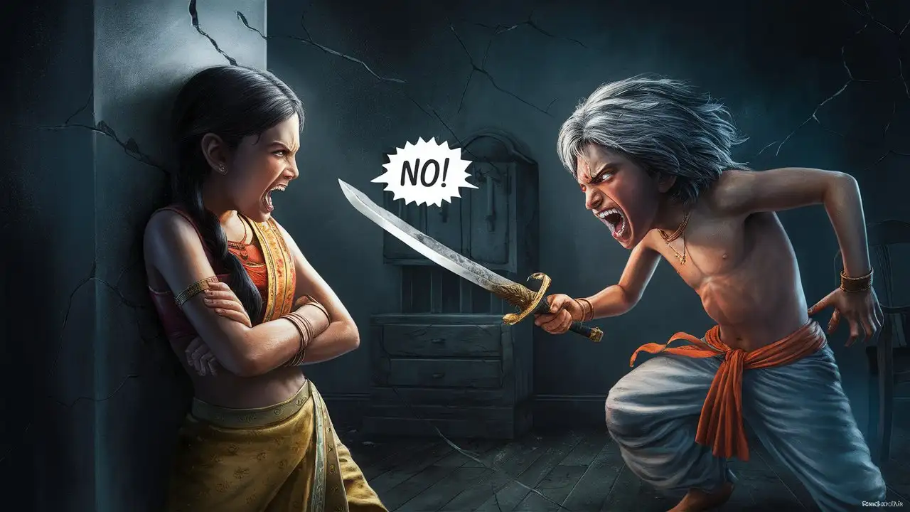 The indian girl and the indian boy are standing facing each other, the girl is angrily saying no to the boy, the boy is also angry and is trying to kill the girl with a sword.