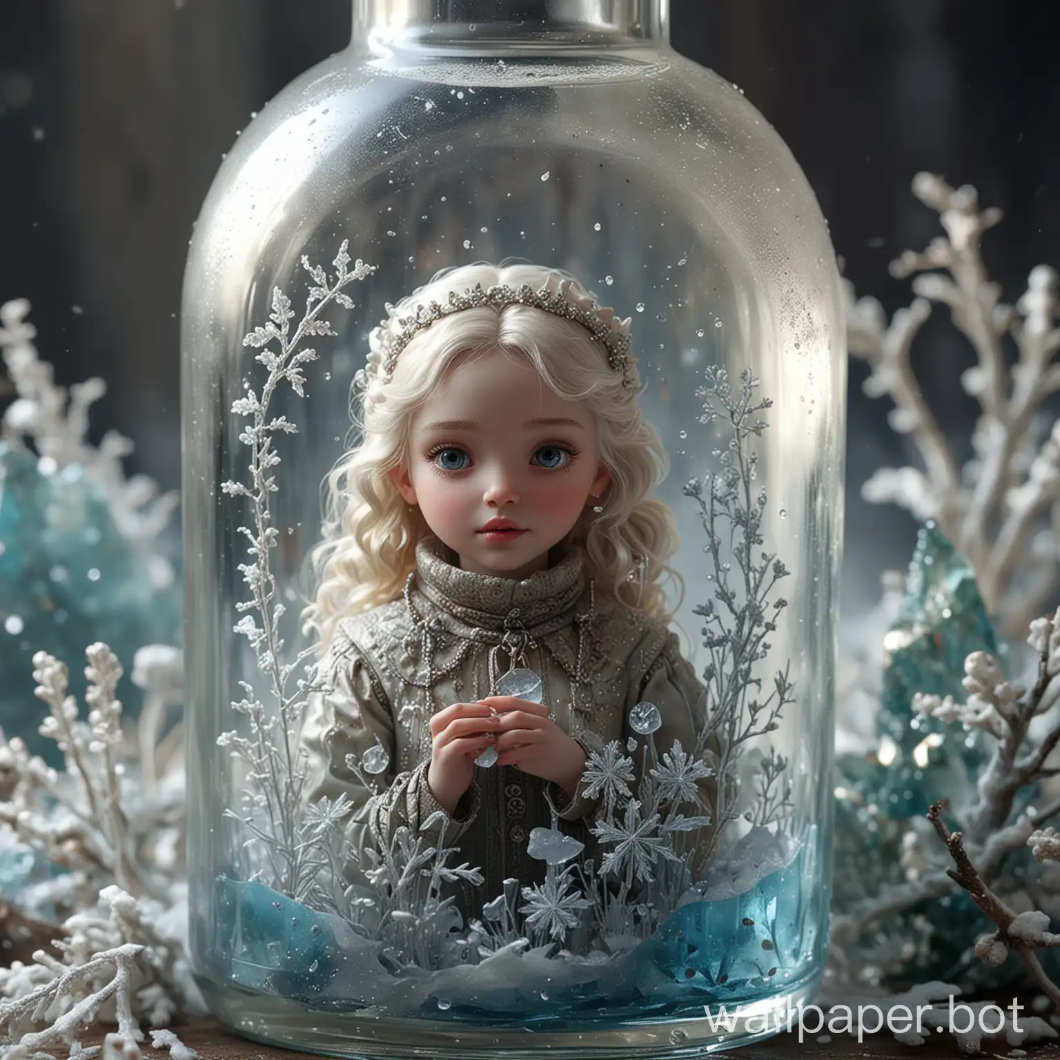 Close-up. Imagine a magical icy kingdom filled with frost and sparkling mini crystal creatures, and crystal clear landscapes in a vintage bottle, snow and ice shook the entire area and everything around, decoupage, magical New Year's composition with brightly lit edges, Nicoletta style. Ceccoli, intricate details, octane number, clarity, sharpness, realism, 32k, cinematic, play of light and shadow, ultra-high detail, Artstation, perfectly centered composition