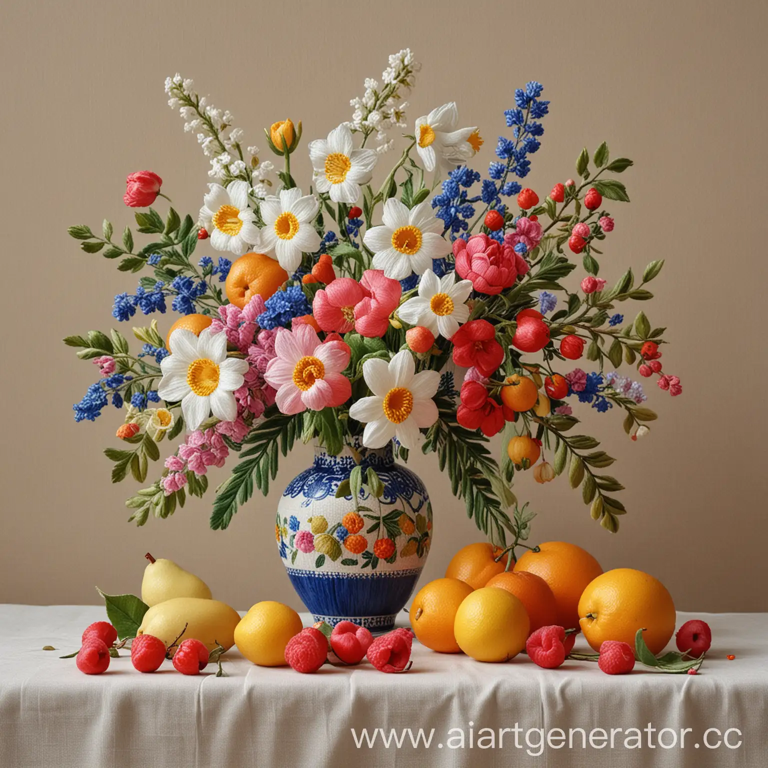 Vibrant-Still-Life-Spring-Flowers-Embroidery-Vase-and-Fruits