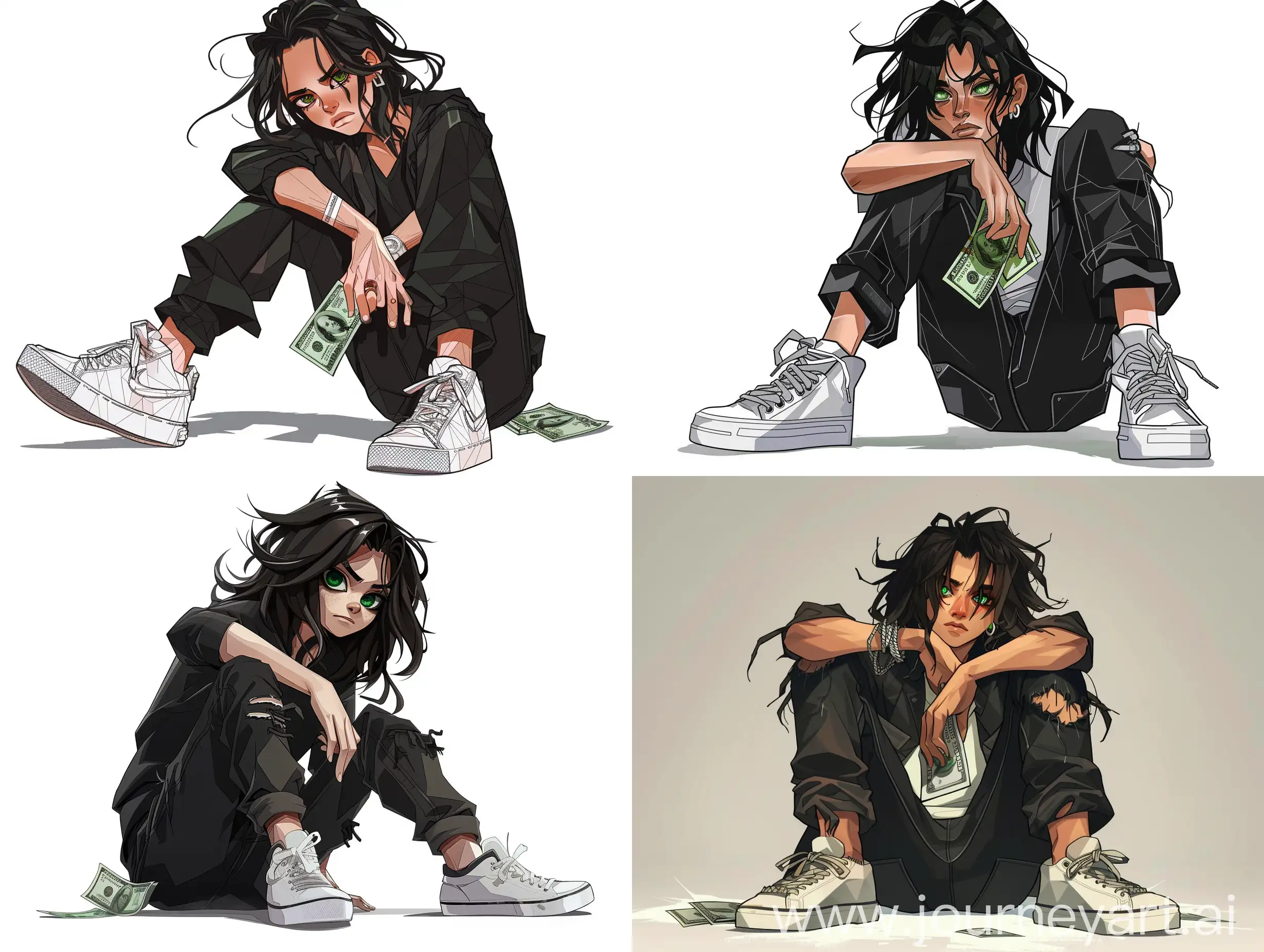 A cartoon of an emo boy sitting on the ground with his feet up, wearing black baggy jeans and white low top sneakers. He has long dark hair that is Stale Diffusion and messy, green eyes, sharp facial features, full lips, holding onto some money.do it in the form of a cartoon little polygonal 3D character in full height (smoother and bigger head) in the T position and in full height
