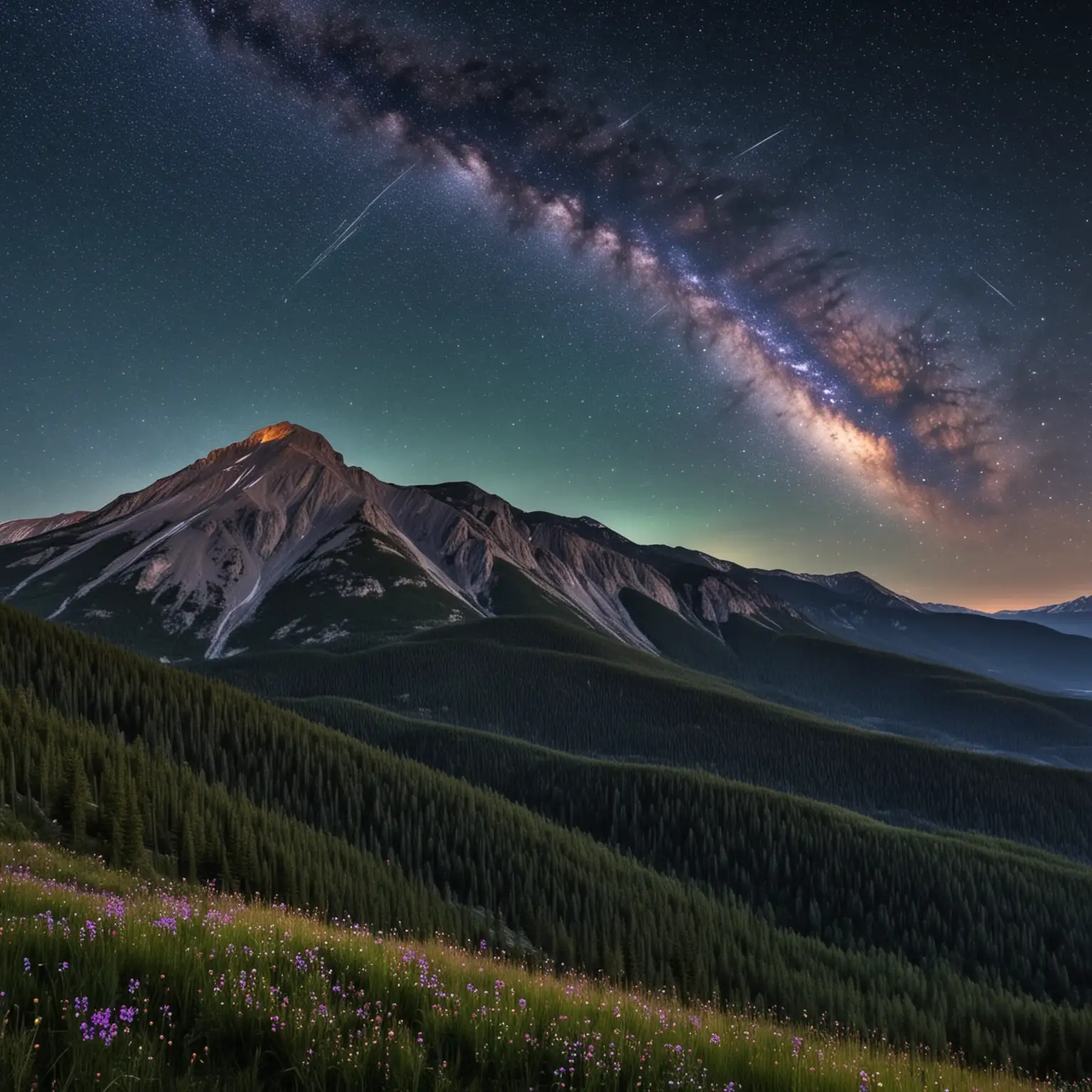 Scenic Mountain View under a Starry Sky with Shooting Stars