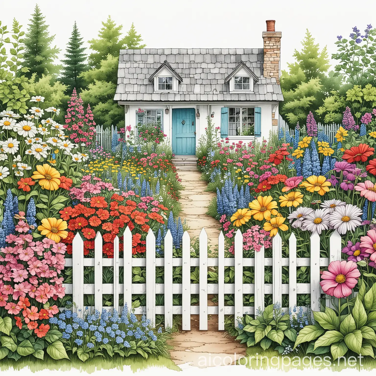 patchwork cottage garden with fence angling from right to left with colorful flowers, Coloring Page, black and white, line art, white background, Simplicity, Ample White Space. The background of the coloring page is plain white to make it easy for young children to color within the lines. The outlines of all the subjects are easy to distinguish, making it simple for kids to color without too much difficulty