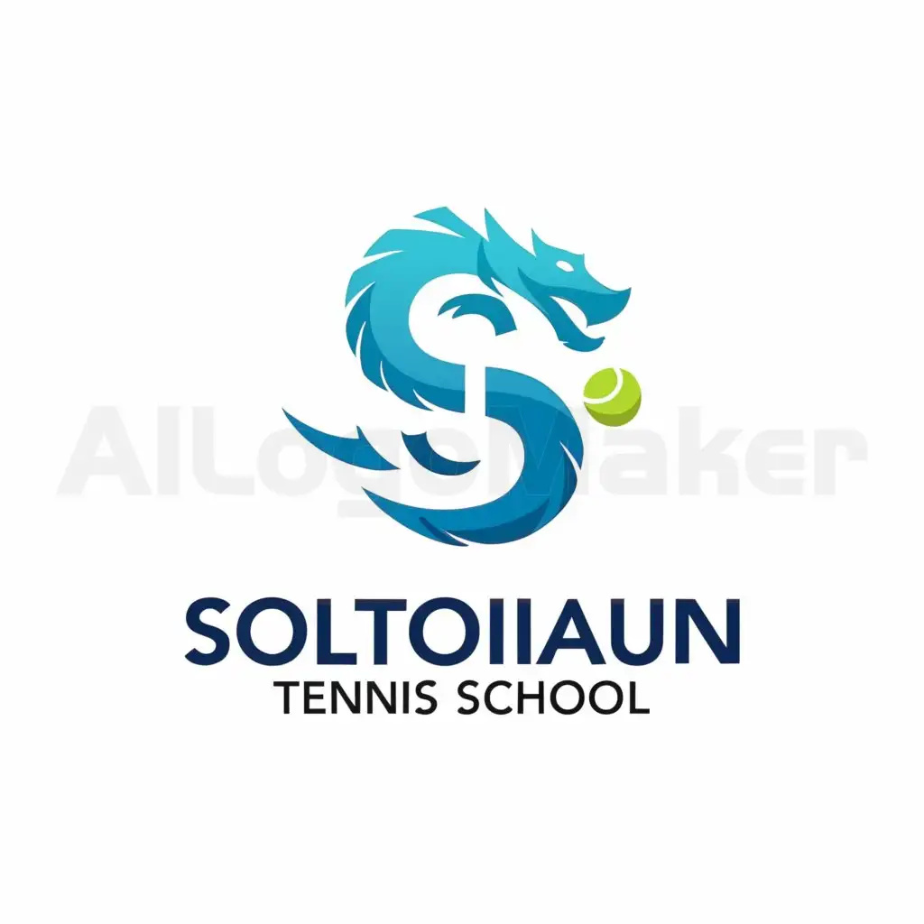 a logo design,with the text "Soltoianu Tennis School", main symbol:Light blue and white and make a dragon like letter S and tennis ball,Moderate,be used in Sports Fitness industry,clear background