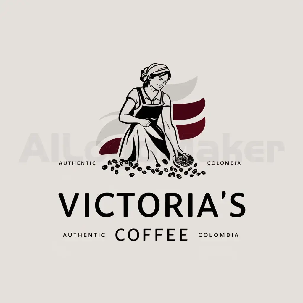 a logo design,with the text "Victorias Coffee", main symbol:the logo for coffee van, which is the women that collect the coffee beans in Colombia they are called chapolera, The colors are black, white & burgundy, creatively integrate in logo,Moderate,be used in 0 industry,clear background