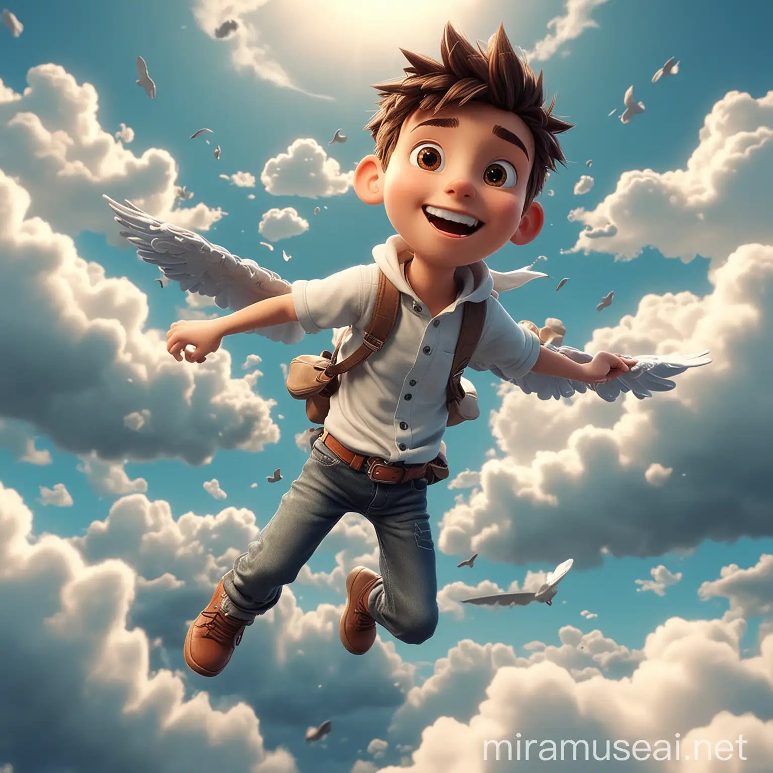 3d cartoon boy
s flying between clouds
