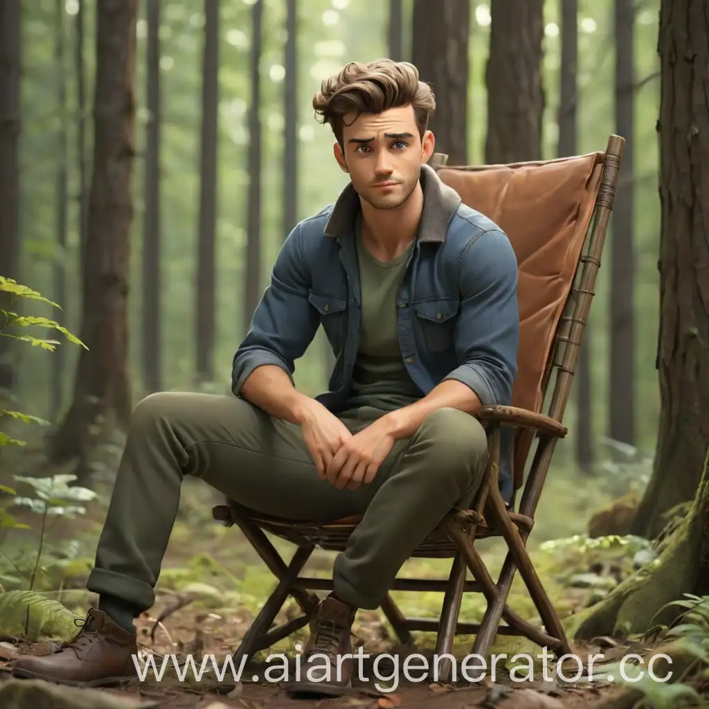 мультяшный привлекательный мужчина в лесу сидит на стуле 