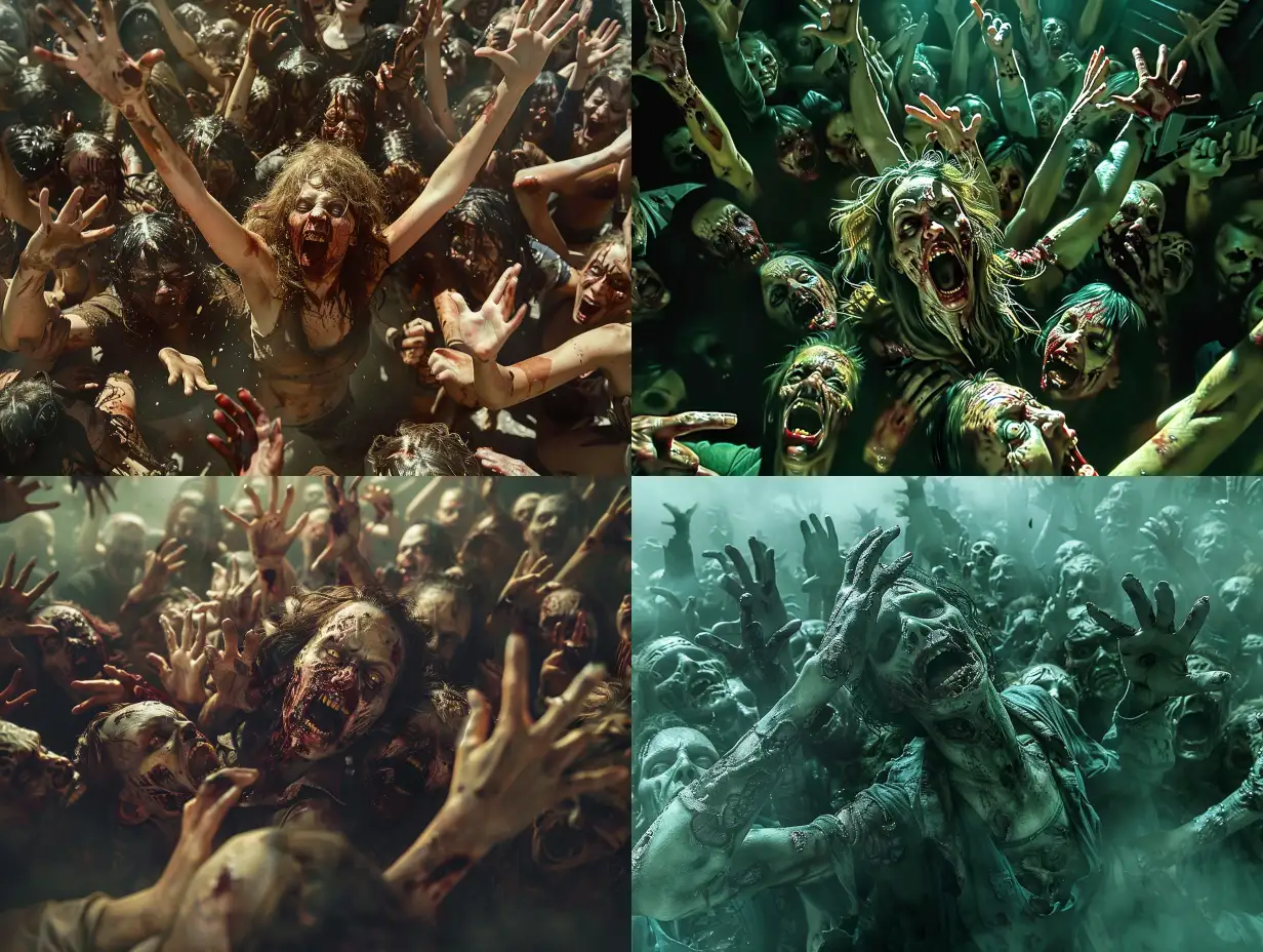A crowd of hungry female zombies attacks their prey horrifying nightmare scene