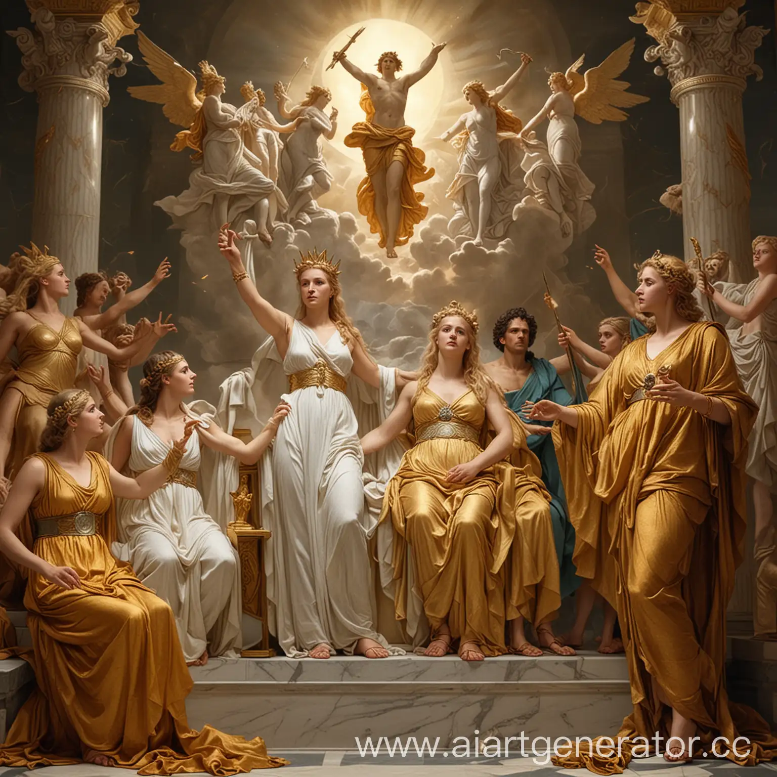 Высоко на светлом Олимпе царит Зевс, окруженный сонмом богов. Здесь и супруга его
Гера, и златокудрый Аполлон с сестрой своей Артемидой, и златая Афродита, и могучая дочь
Зевса Афина 
, и много других богов