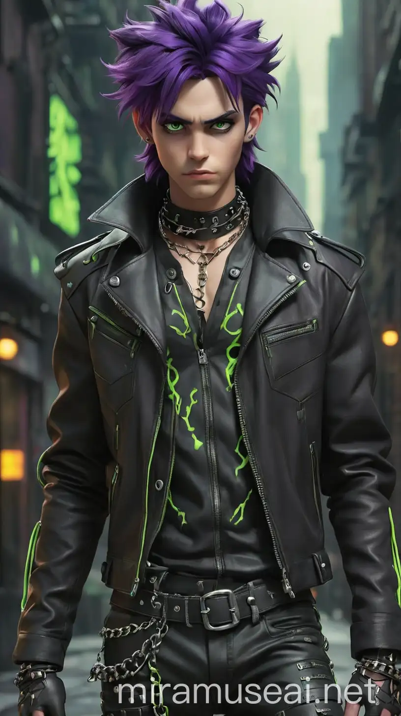 A Young Man that inherits his mother Maleficent's commanding presence and dark allure, embodying the essence of cybergoth rebellion with a hint of Y2K nostalgia. He has shoulder-length, tousled purple hair with streaks of neon green, framing his angular face and piercing gaze. His eyes, a bright shade of green, seem to gleam with an otherworldly intensity, reflecting the power and magic coursing through his veins. The Young Man's complexion is pale and flawless, enhancing the dramatic contrast of his features, and he possesses a muscular build, exuding an air of strength and confidence. His outfit exudes a fierce and rebellious energy, blending elements of cybergoth fashion with a dark Y2K twist, all while incorporating his mother's signature colors of purple, black, and neon green. He wears a sleek black leather jacket with neon green piping and intricate stitching, adorned with metal studs and buckles for added edge. Beneath the jacket, The Young Man sports a form-fitting purple mesh top with cut-out details, revealing hints of his toned physique beneath. Paired with skin-tight black leather pants featuring neon green accents and combat boots with chunky platform soles, his ensemble exudes both urban coolness and combat-ready attitude. The Young Man accessorizes himself with spiked leather cuffs, and a choker necklace adorned with glowing green gems. Completing his outfit with fingerless leather gloves and a sleek belt with metal chains dangling from the loops, The Young Man is ready to dominate the streets of the Isle of the Lost with his dark charisma and electrifying style.