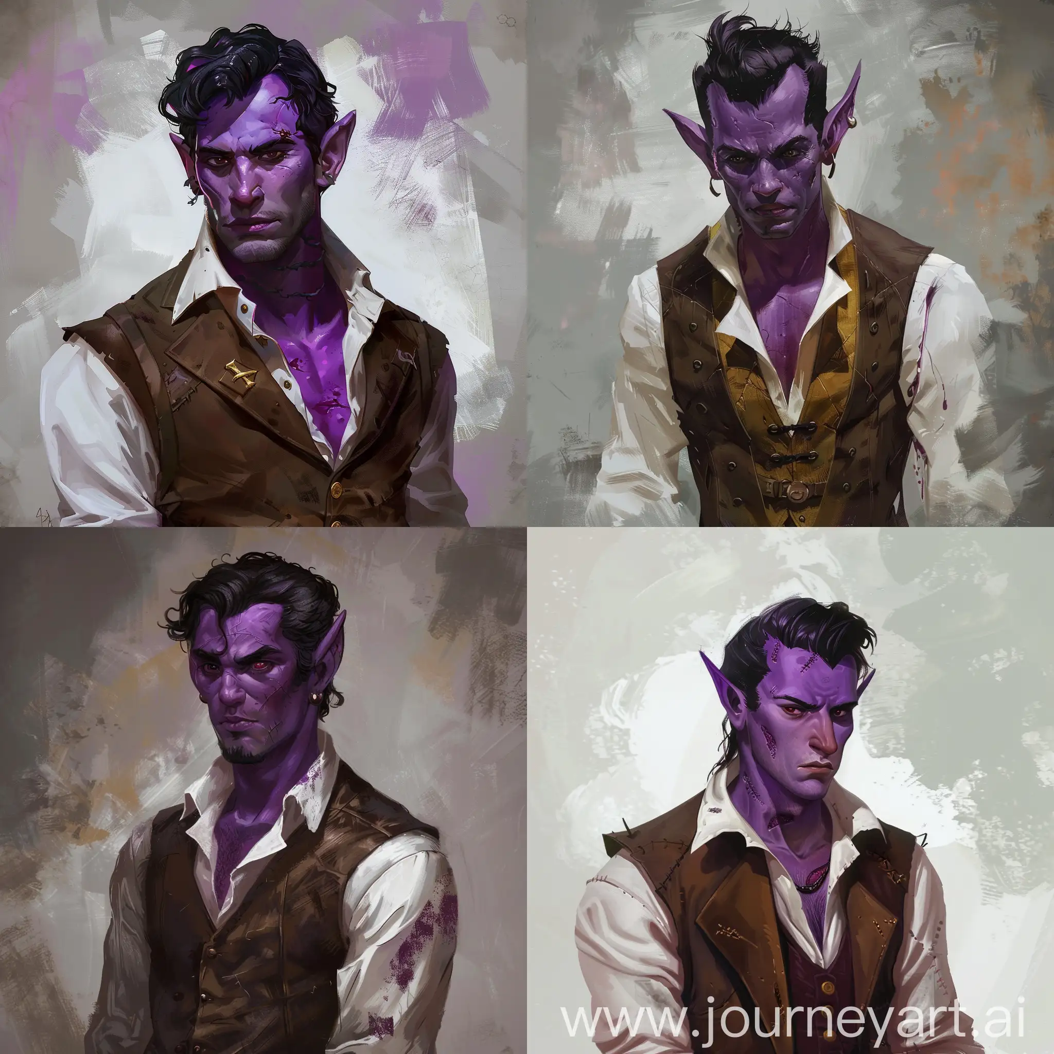 D&D portrait. A tiefling male with violet skin, black hair, dressed in brown suit vest made of heavy fabric and white shirt. Little scars on his face, tired look