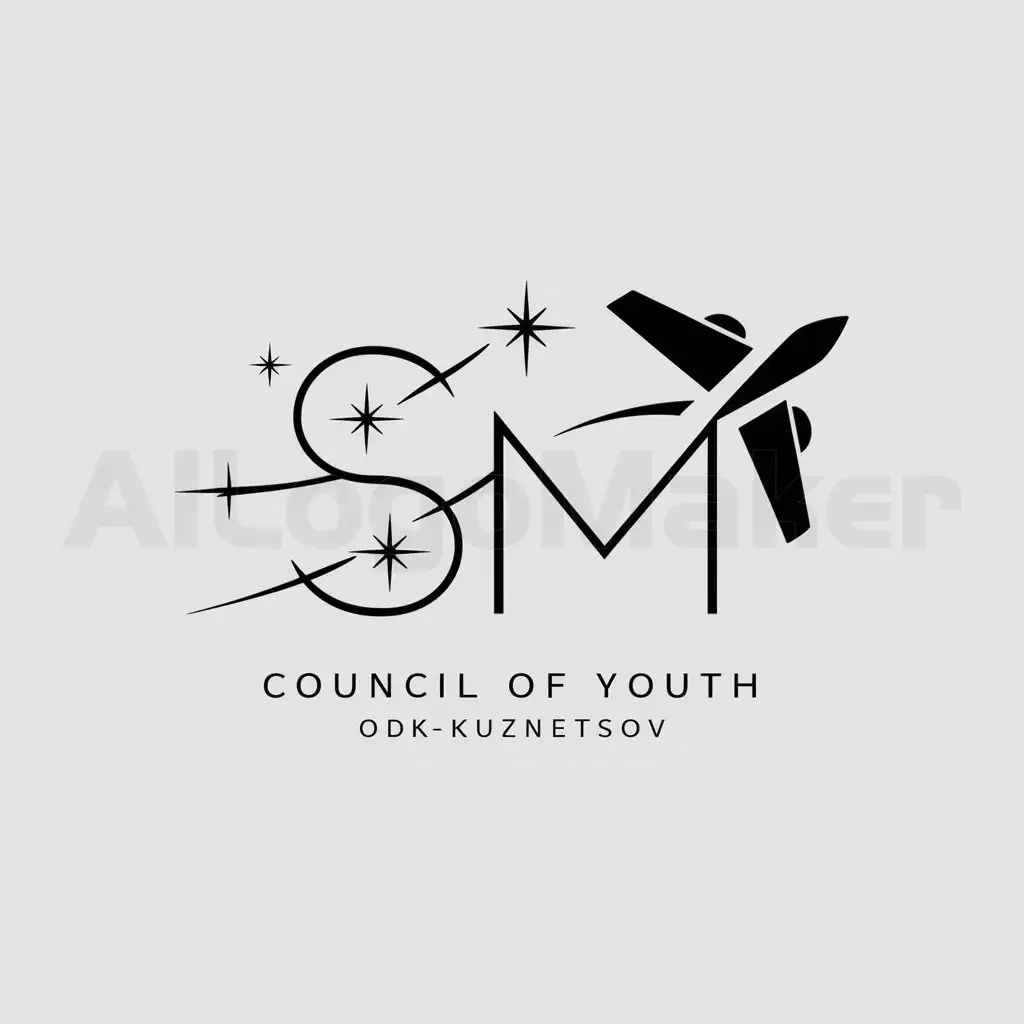 a logo design,with the text "Council of youth ODK-Kuznetsov", main symbol:SM, stars, plane's turbine,Minimalistic,be used in Technology industry,clear background