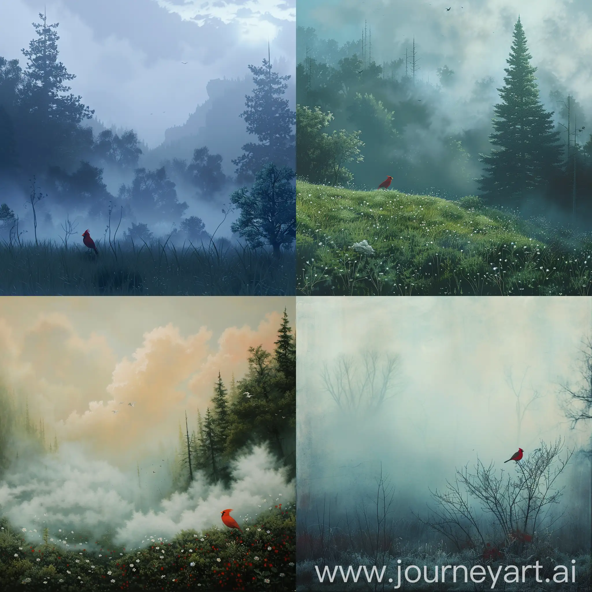 Enchanted-Meadow-with-Foggy-Giant-Trees-and-Red-Bird-Song