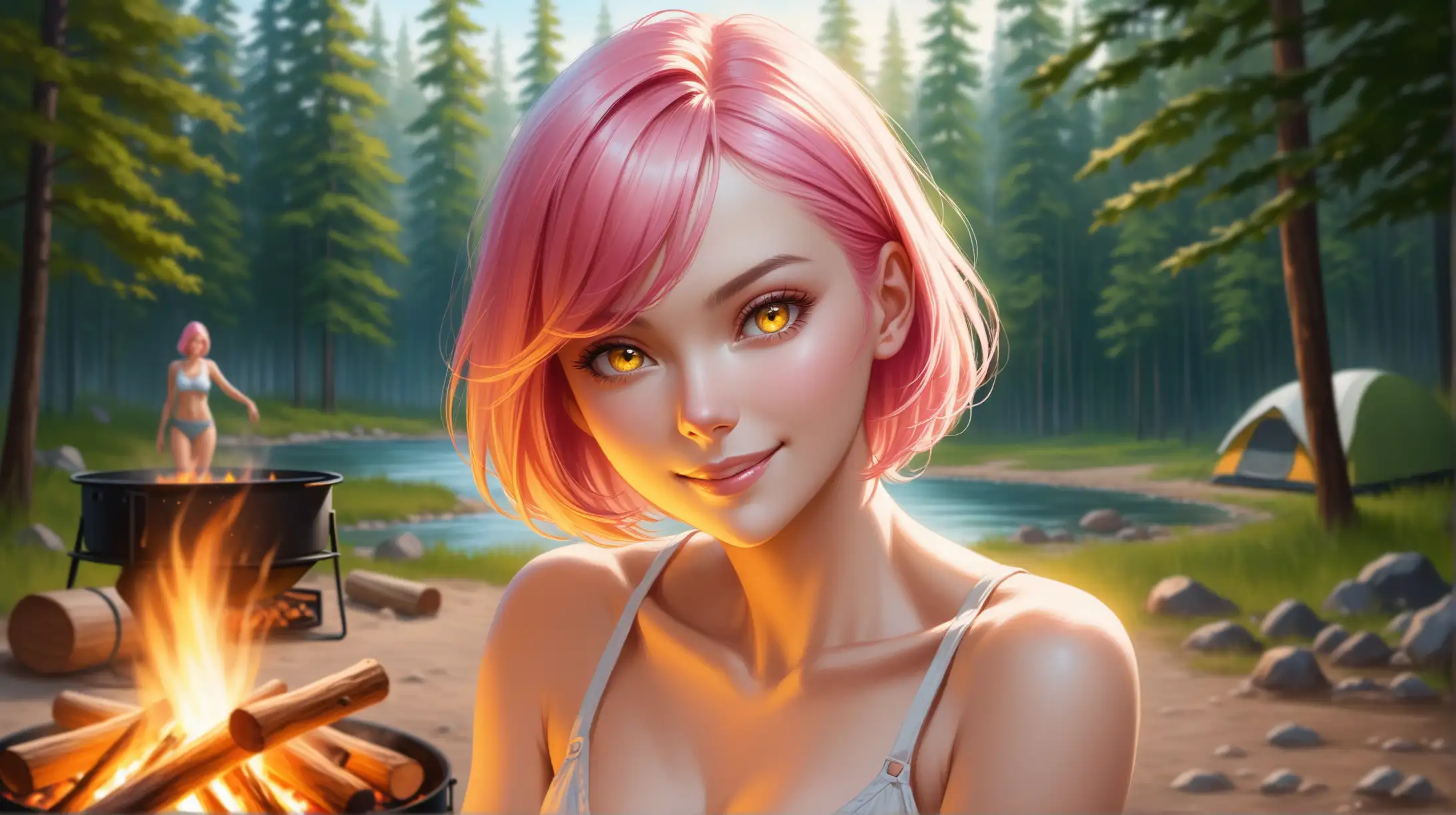 Seductive Woman with Pink Hair at Campfire in Summer Outfit