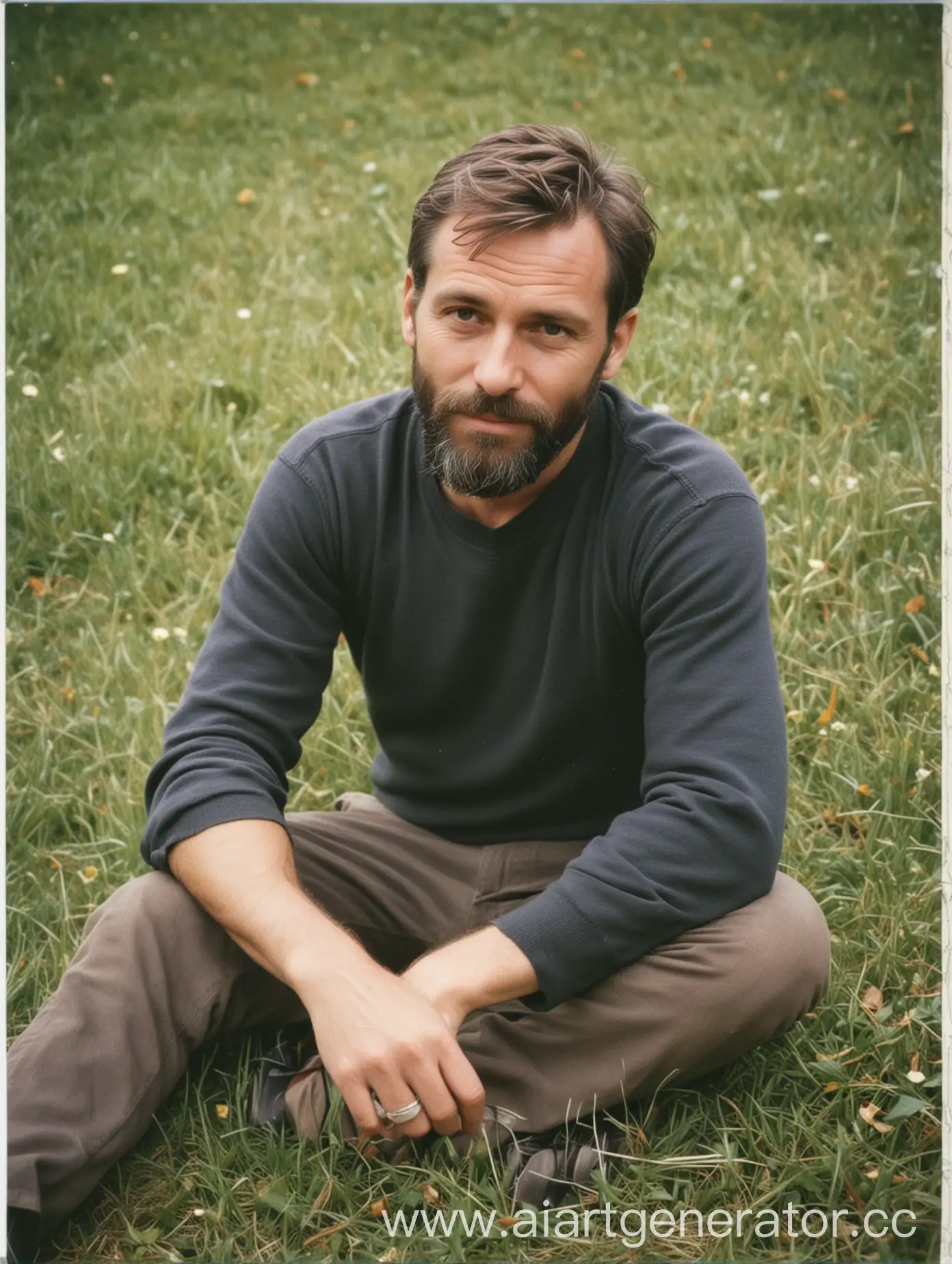 handsome short bearded man in his mid 40s, sitting on the grass, polaroid photo 1998 year